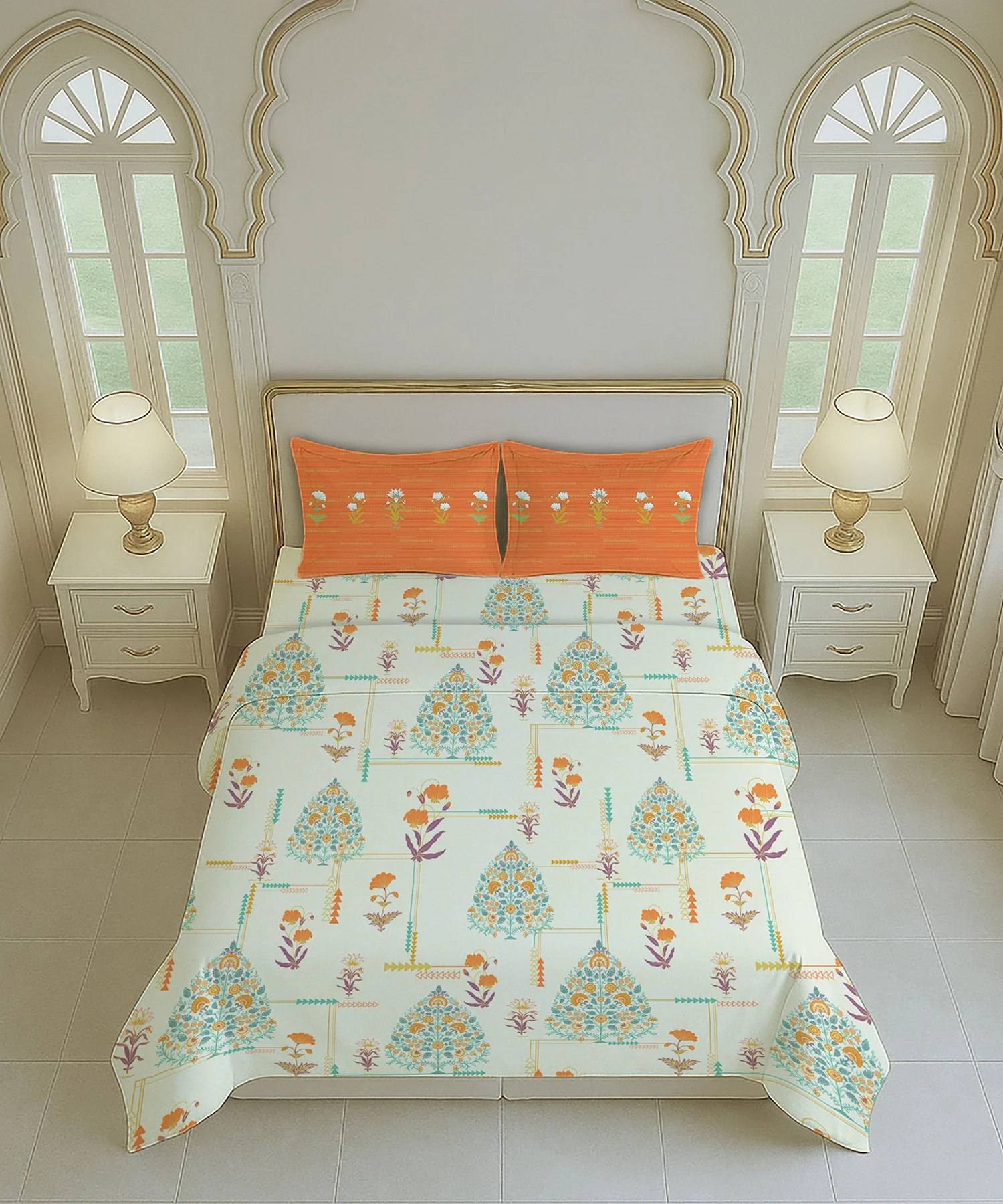 Home Essential Royal Bloom Queen Bedsheet Set, Gilded Dream Orange| 144TC Cotton| 2 Pillow Covers - Image 5