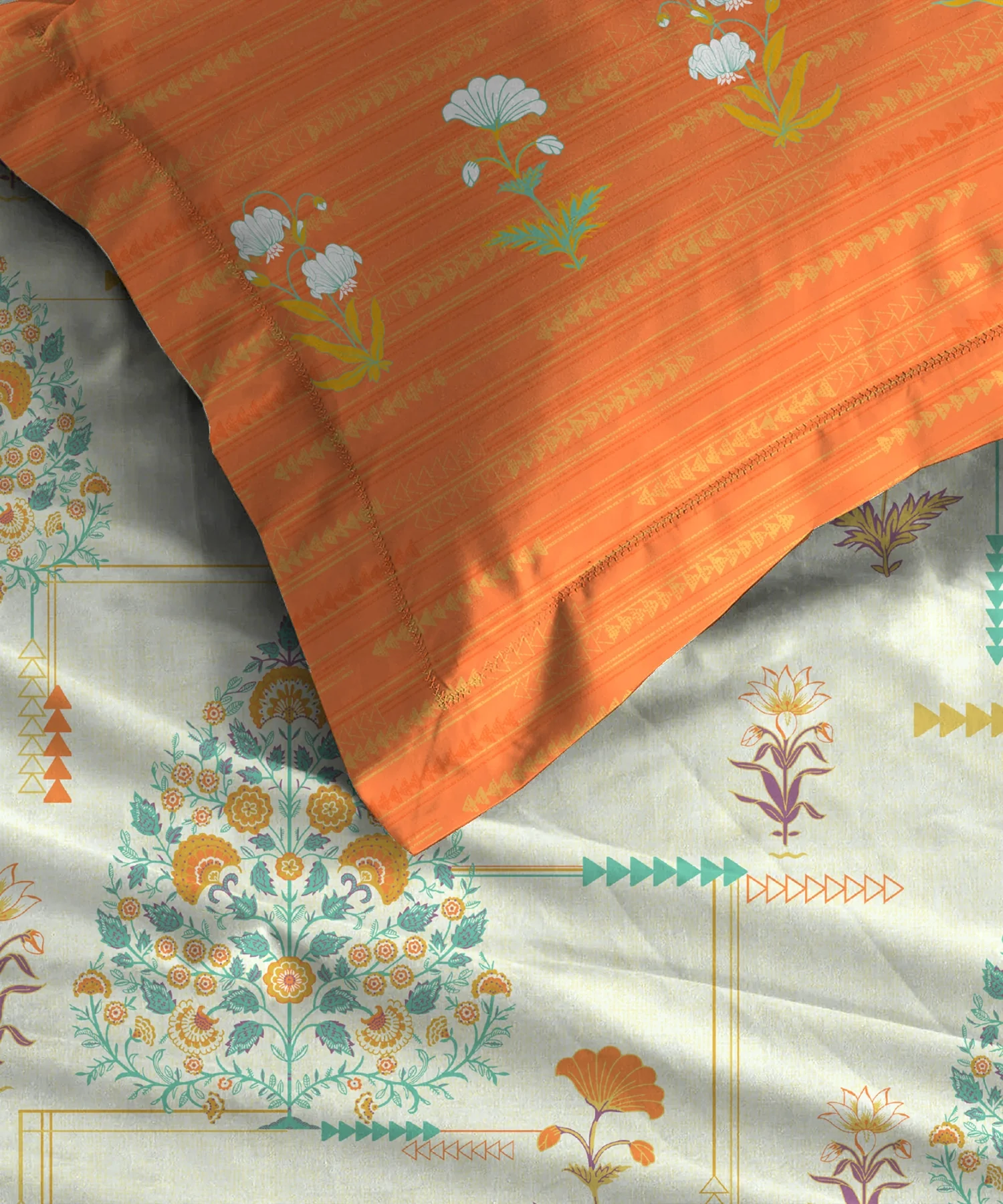 Home Essential Royal Bloom Queen Bedsheet Set, Gilded Dream Orange| 144TC Cotton| 2 Pillow Covers - Image 6