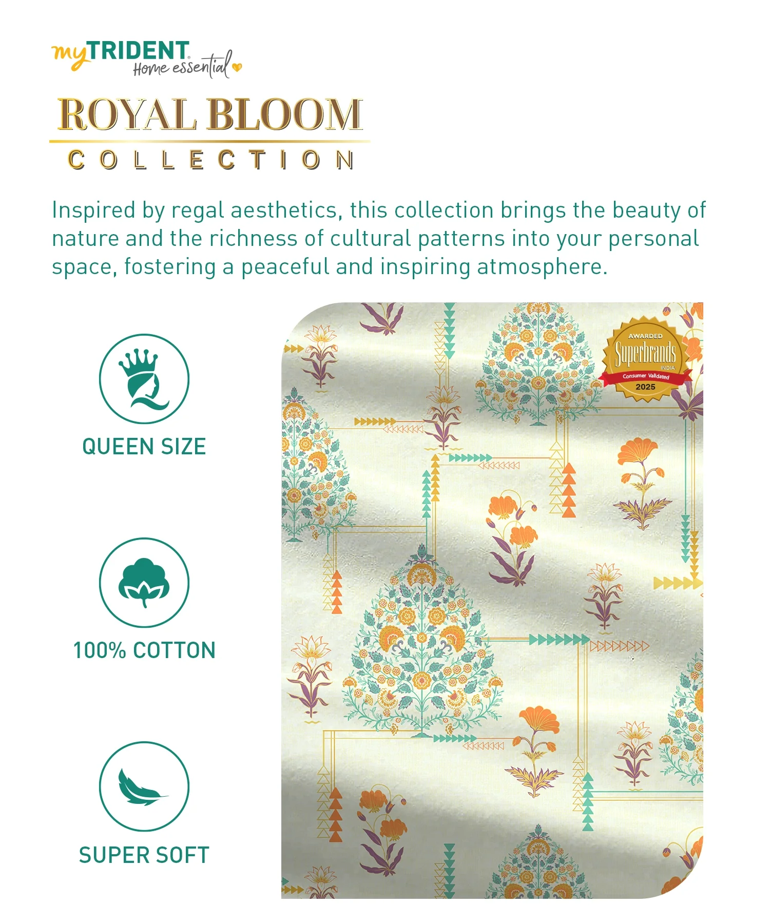 Home Essential Royal Bloom Queen Bedsheet Set, Gilded Dream Orange| 144TC Cotton| 2 Pillow Covers - Image 8