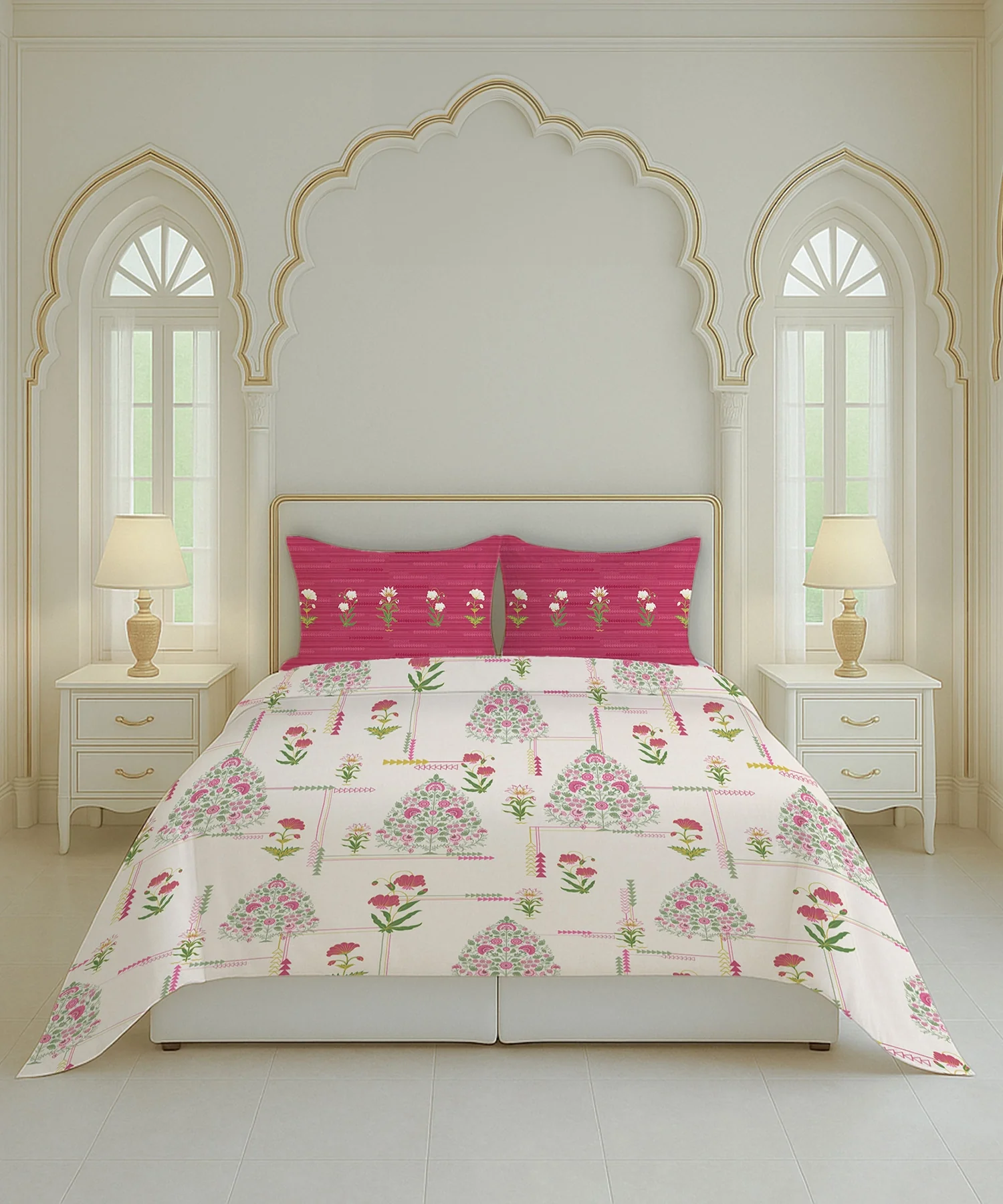Home Essential Royal Bloom Queen Bedsheet Set, Gilded Dream Pink| 144TC Cotton| 2 Pillow Covers