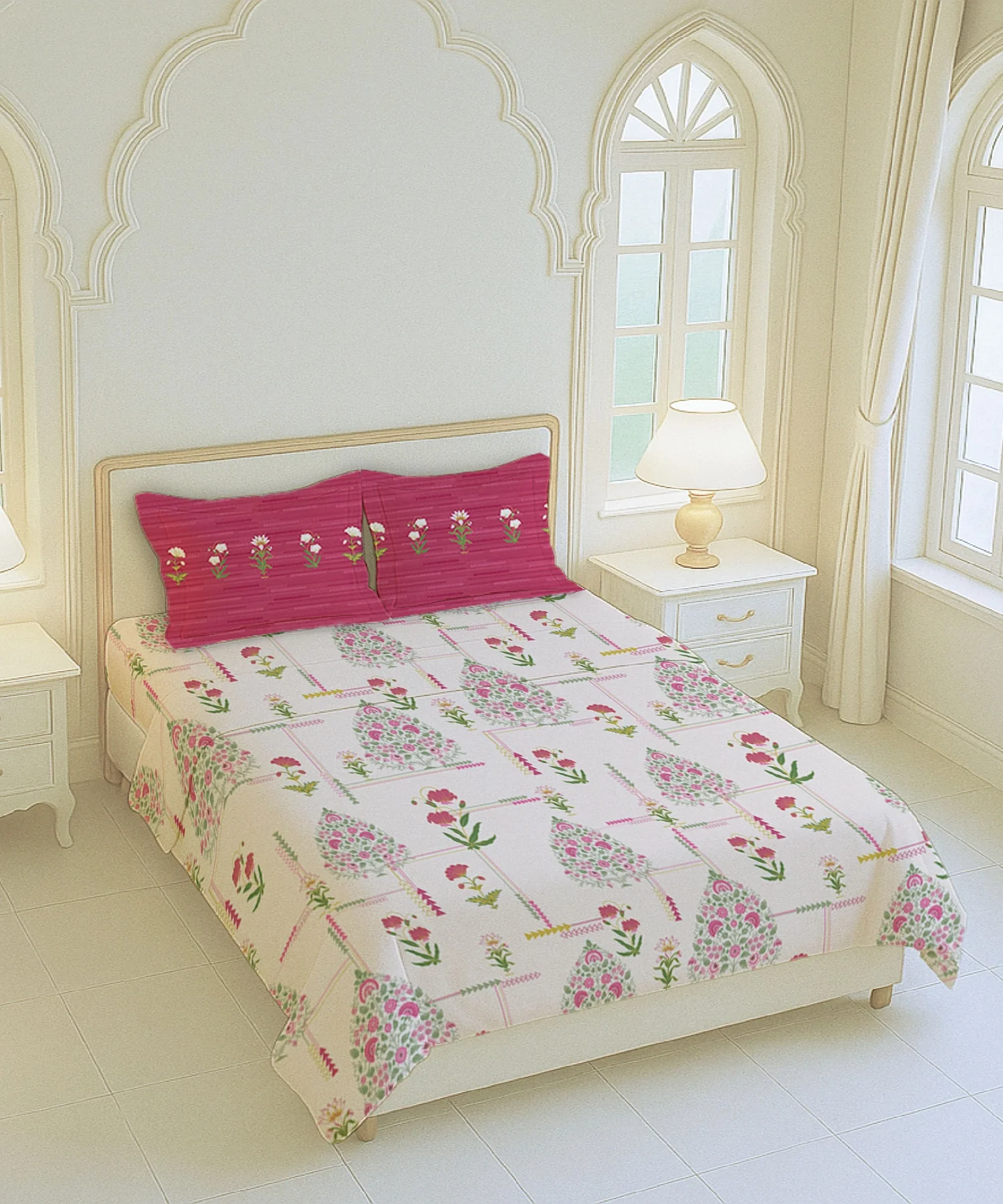 Home Essential Royal Bloom Queen Bedsheet Set, Gilded Dream Pink| 144TC Cotton| 2 Pillow Covers - Image 4