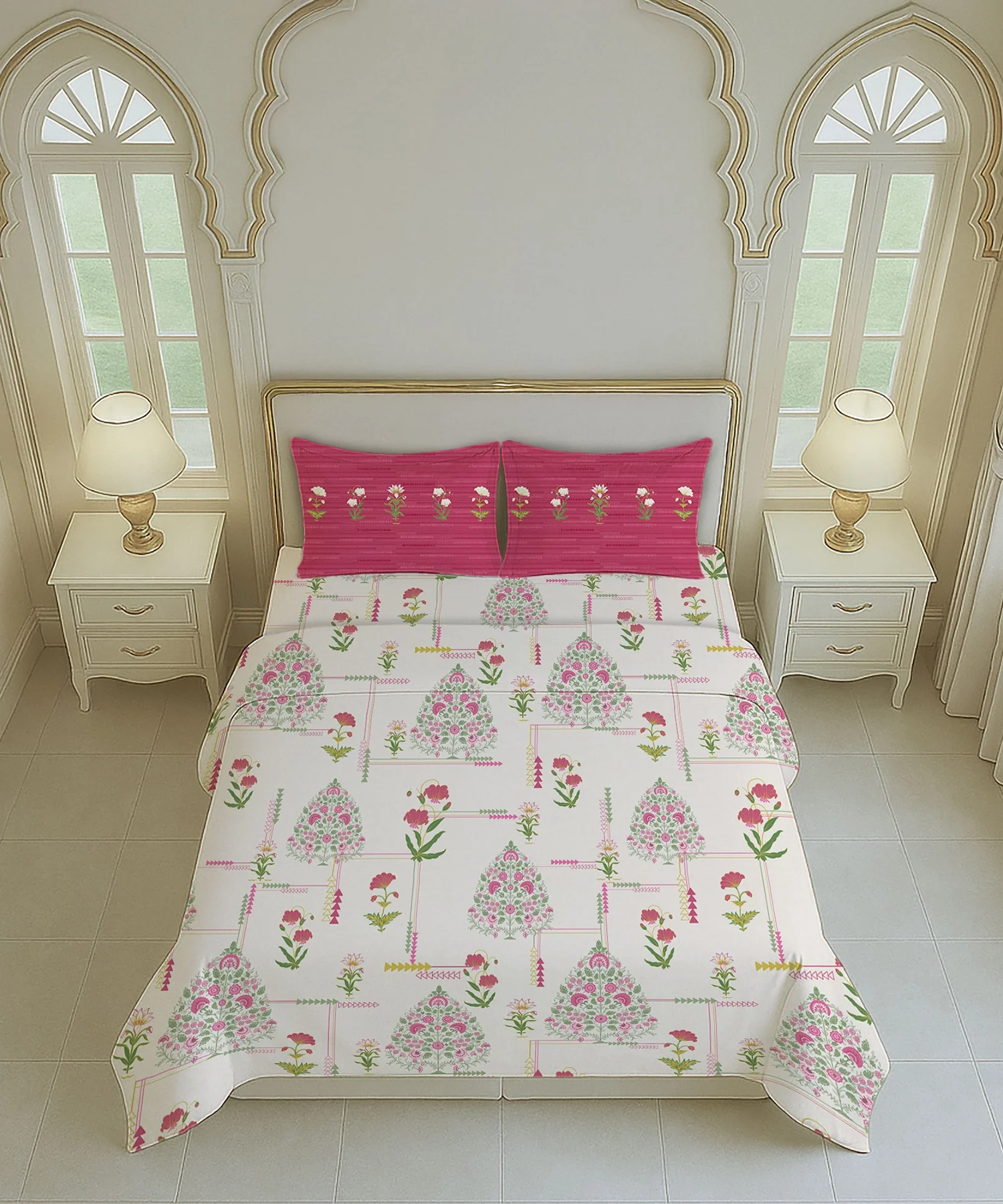 Home Essential Royal Bloom Queen Bedsheet Set, Gilded Dream Pink| 144TC Cotton| 2 Pillow Covers - Image 5