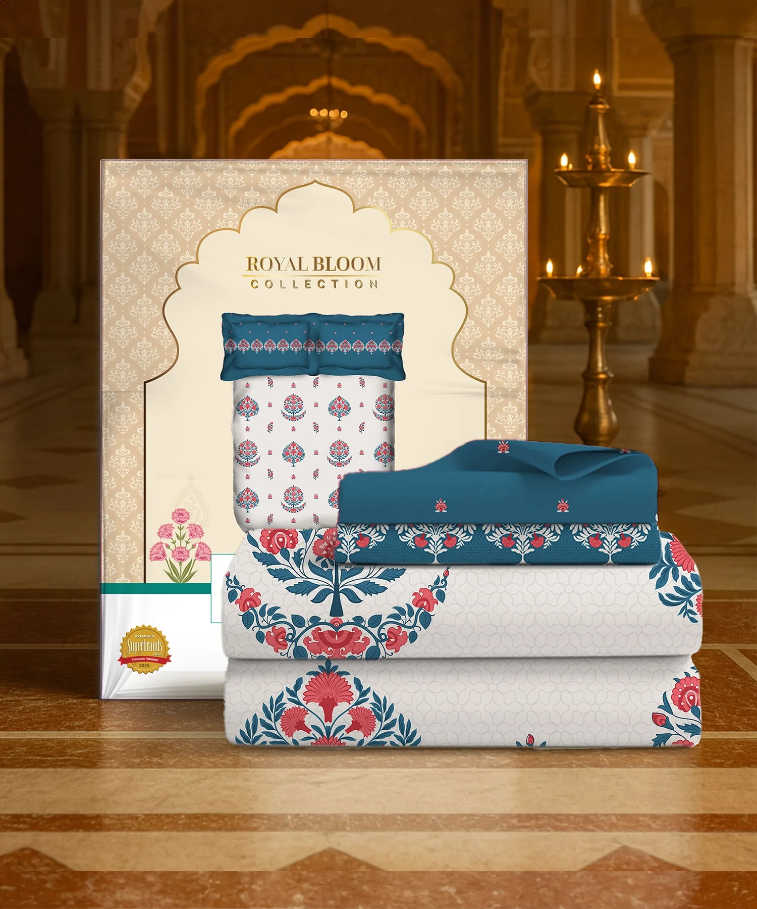 Home Essential Royal Bloom Queen Bedsheet Set, Lindon Blue| 144TC Cotton| 2 Pillow Covers - Image 2