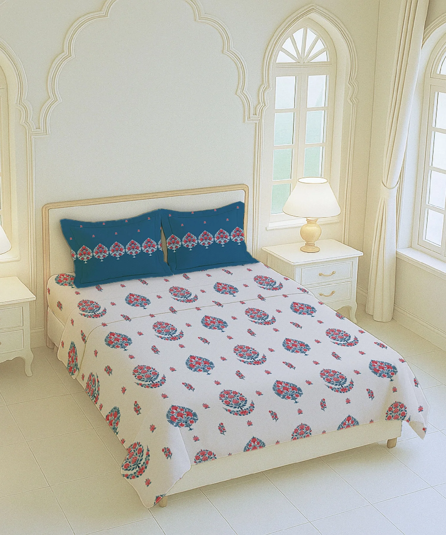 Home Essential Royal Bloom Queen Bedsheet Set, Lindon Blue| 144TC Cotton| 2 Pillow Covers - Image 4