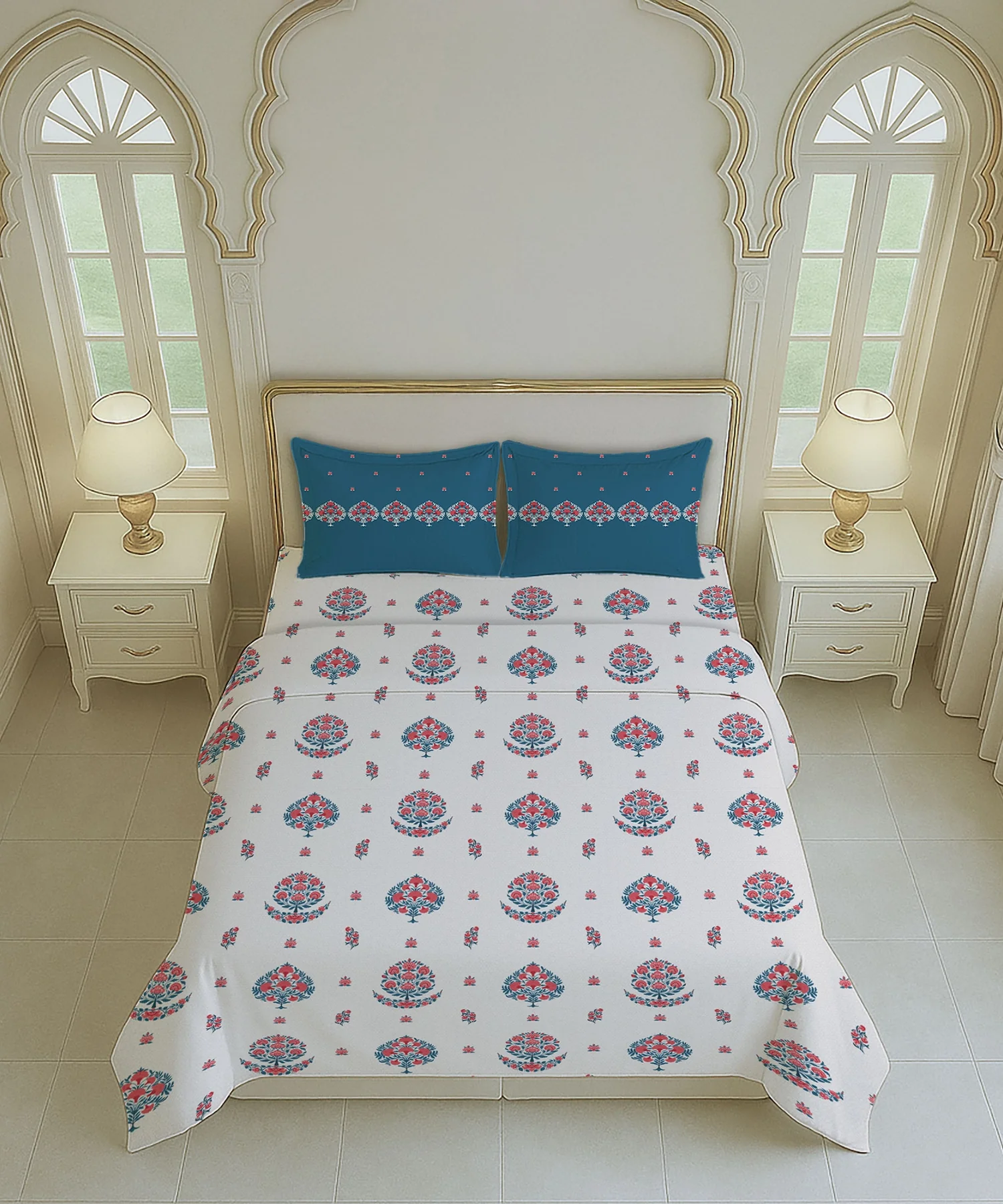 Home Essential Royal Bloom Queen Bedsheet Set, Lindon Blue| 144TC Cotton| 2 Pillow Covers - Image 5