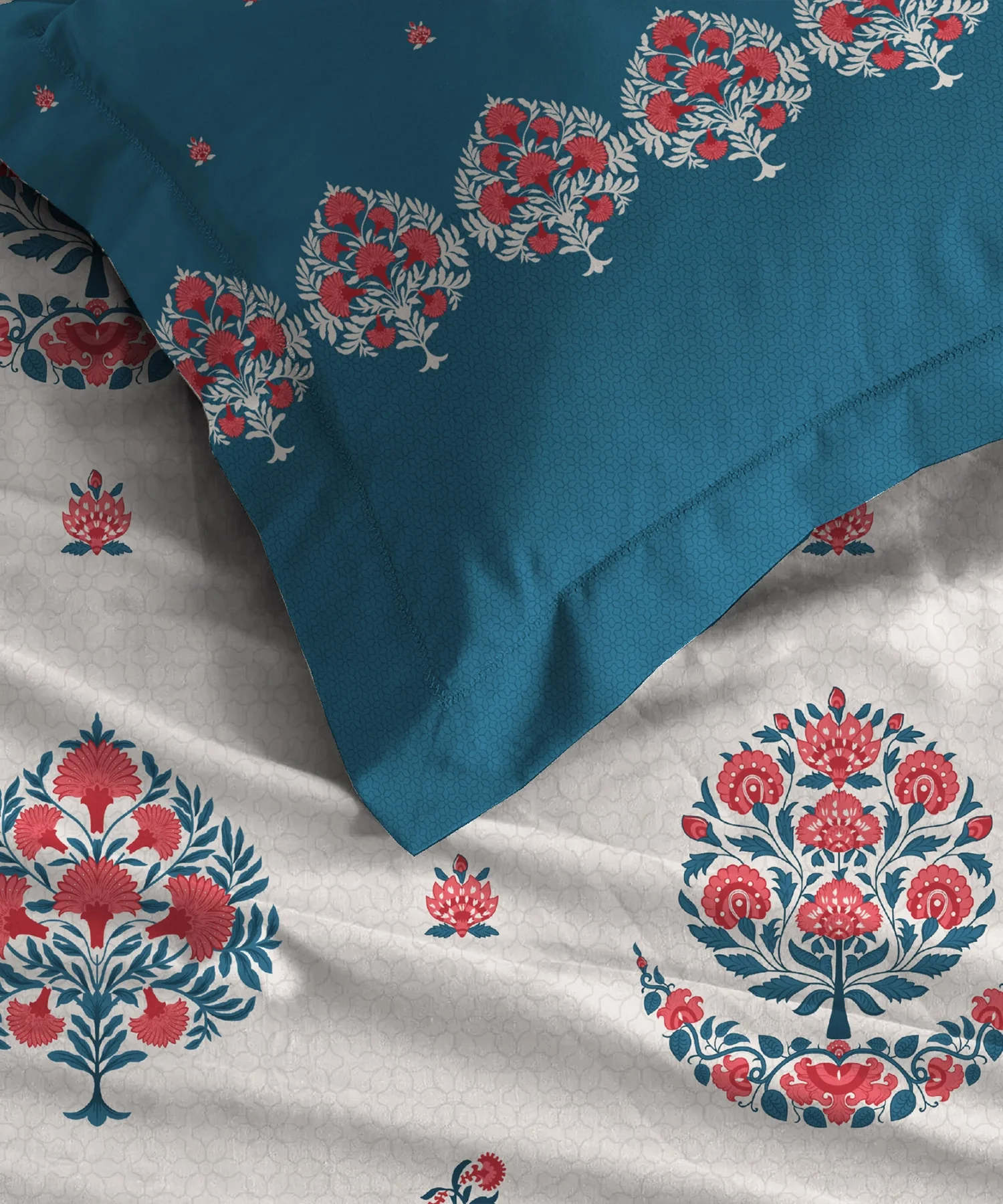 Home Essential Royal Bloom Queen Bedsheet Set, Lindon Blue| 144TC Cotton| 2 Pillow Covers - Image 6