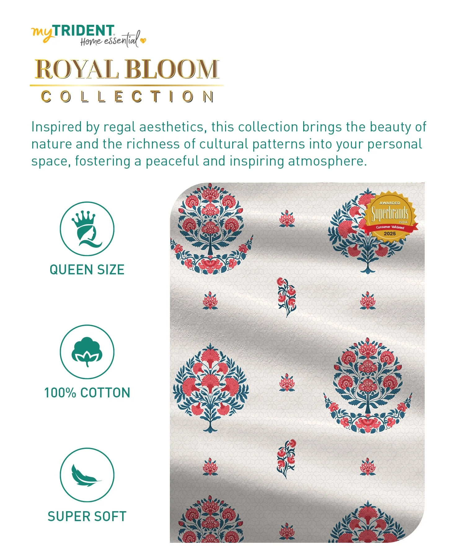 Home Essential Royal Bloom Queen Bedsheet Set, Lindon Blue| 144TC Cotton| 2 Pillow Covers - Image 8