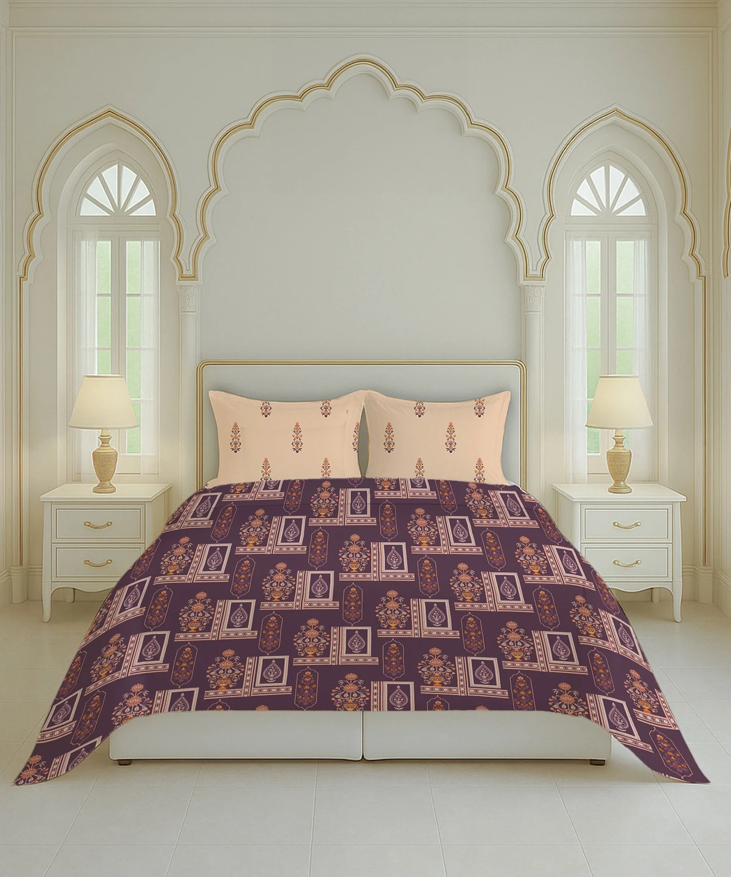 Home Essential Royal Bloom Queen Bedsheet Set, Mirabella Coral | 144TC Cotton| 2 Pillow Covers