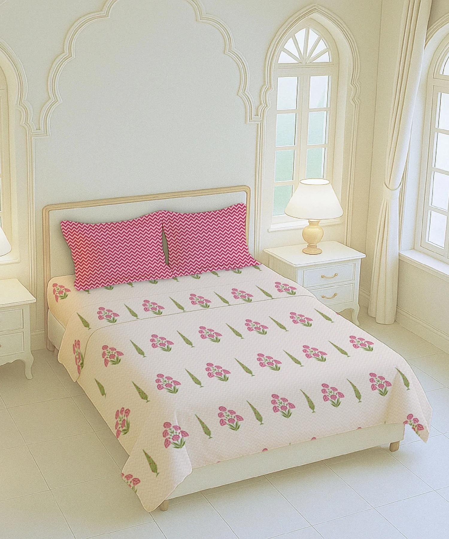 Home Essential Royal Bloom Queen Bedsheet Set, Raya Pink| 144TC Cotton| 2 Pillow Covers - Image 4