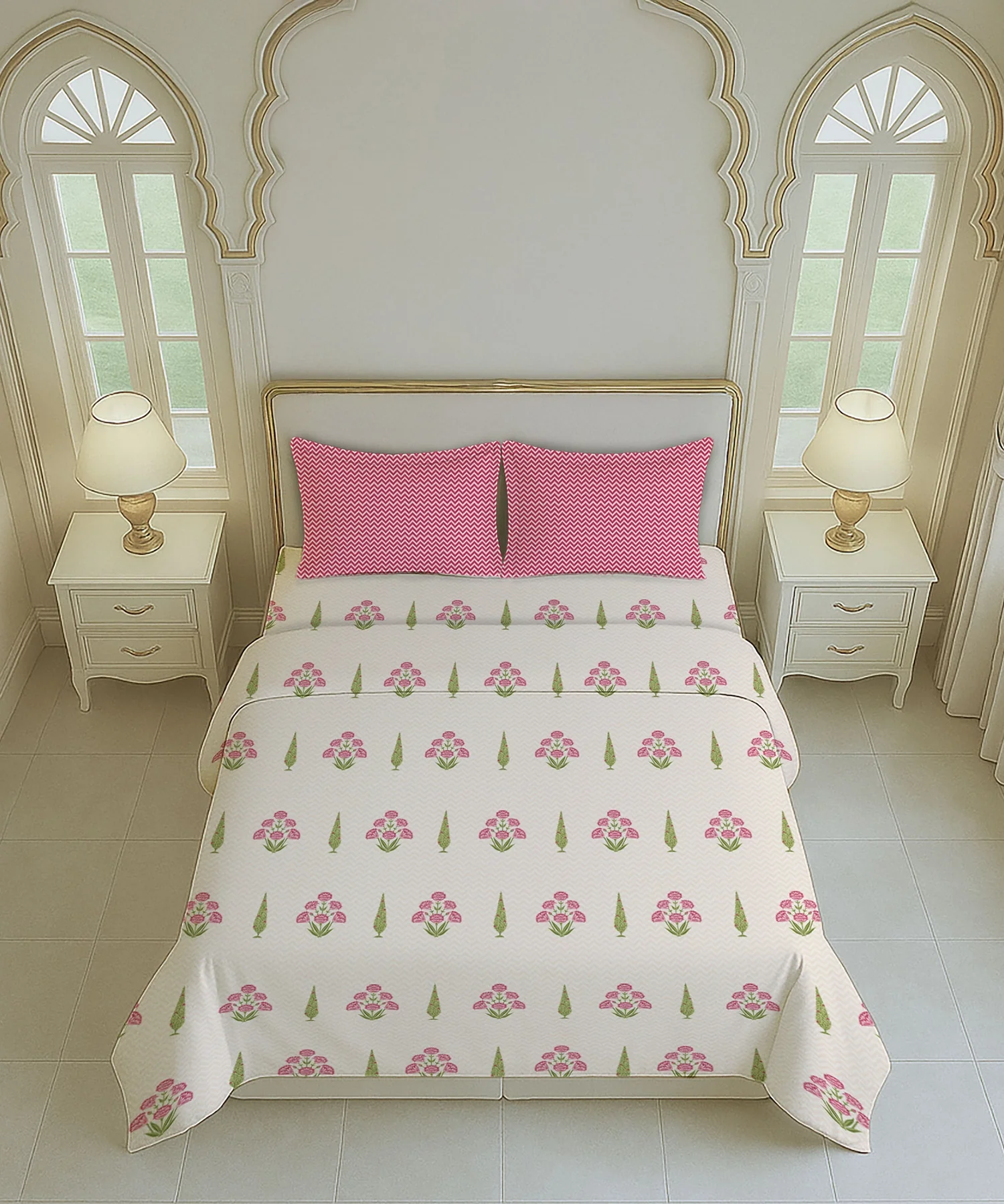 Home Essential Royal Bloom Queen Bedsheet Set, Raya Pink| 144TC Cotton| 2 Pillow Covers - Image 5
