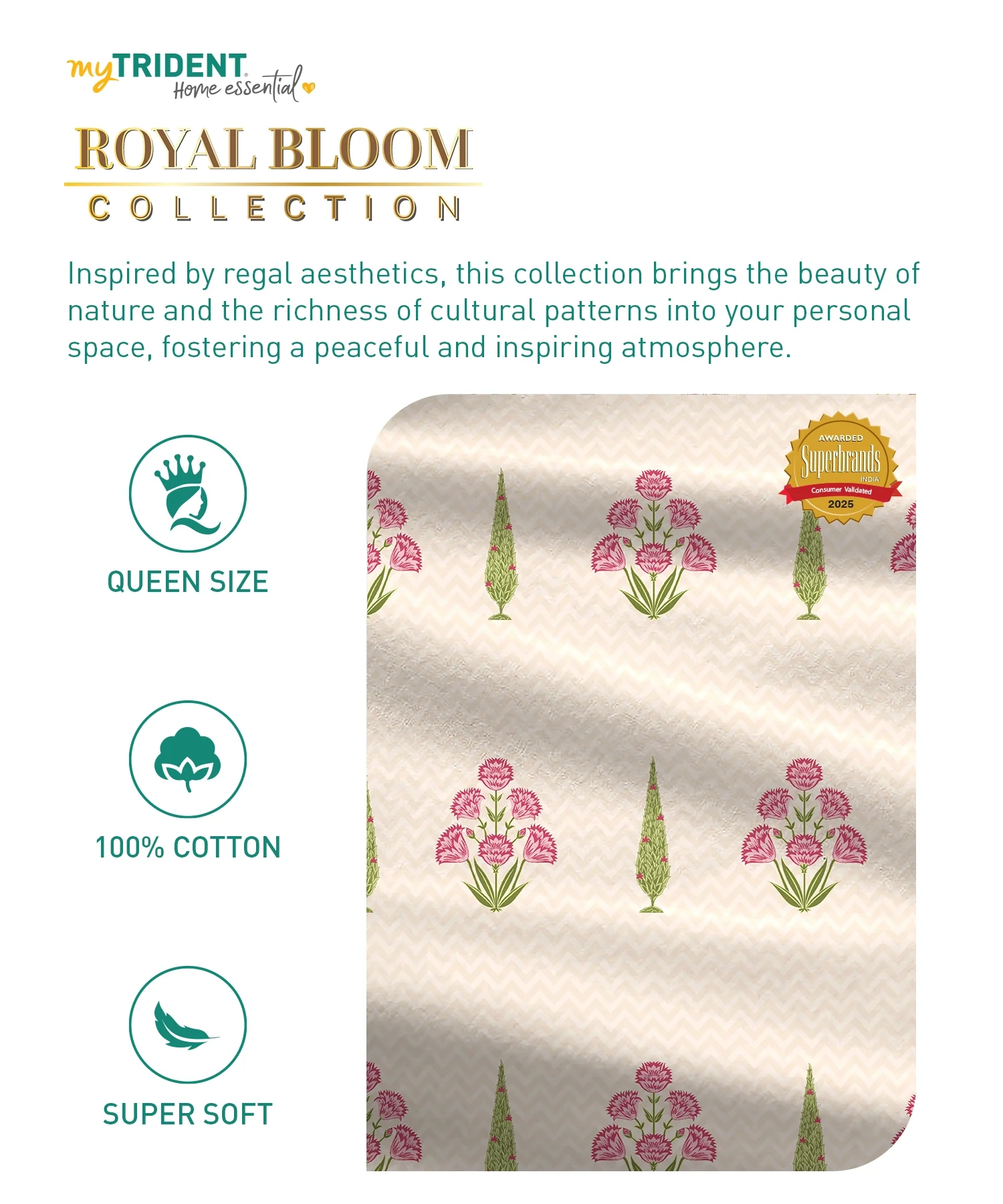 Home Essential Royal Bloom Queen Bedsheet Set, Raya Pink| 144TC Cotton| 2 Pillow Covers - Image 8