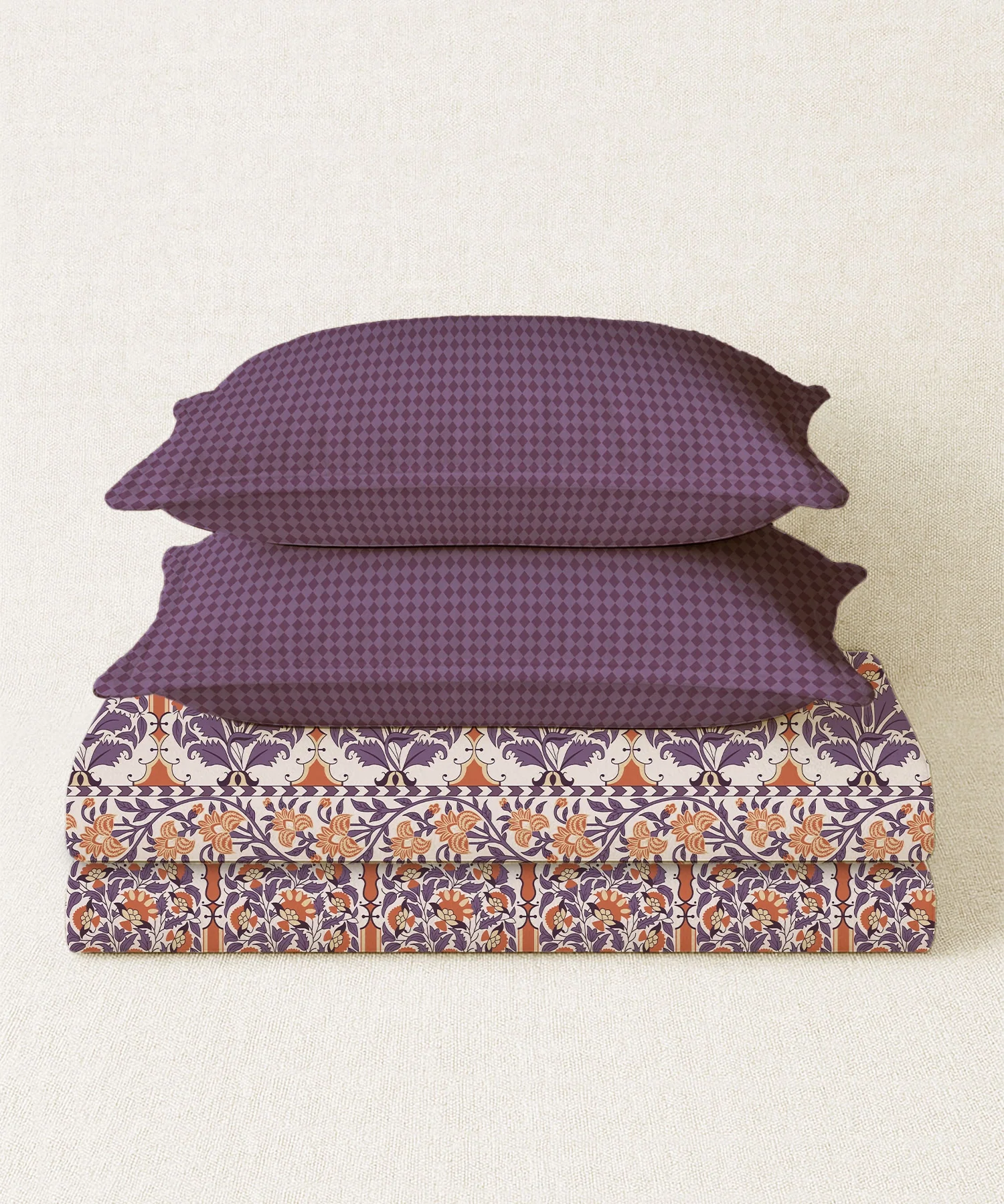 Home Essential Royal Bloom Queen Bedsheet Set, Rosario Purple| 144TC Cotton| 2 Pillow Covers - Image 3
