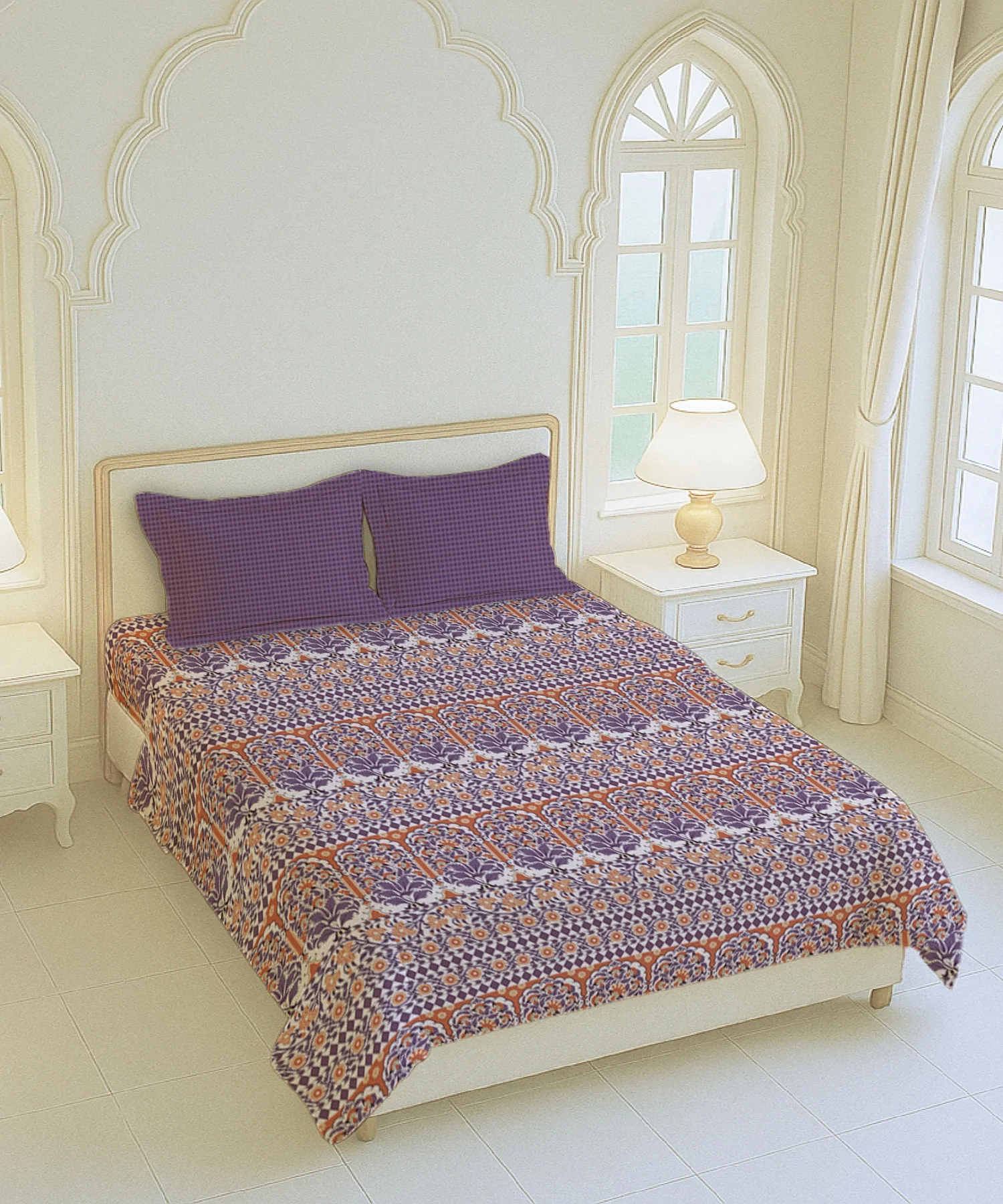 Home Essential Royal Bloom Queen Bedsheet Set, Rosario Purple| 144TC Cotton| 2 Pillow Covers - Image 4