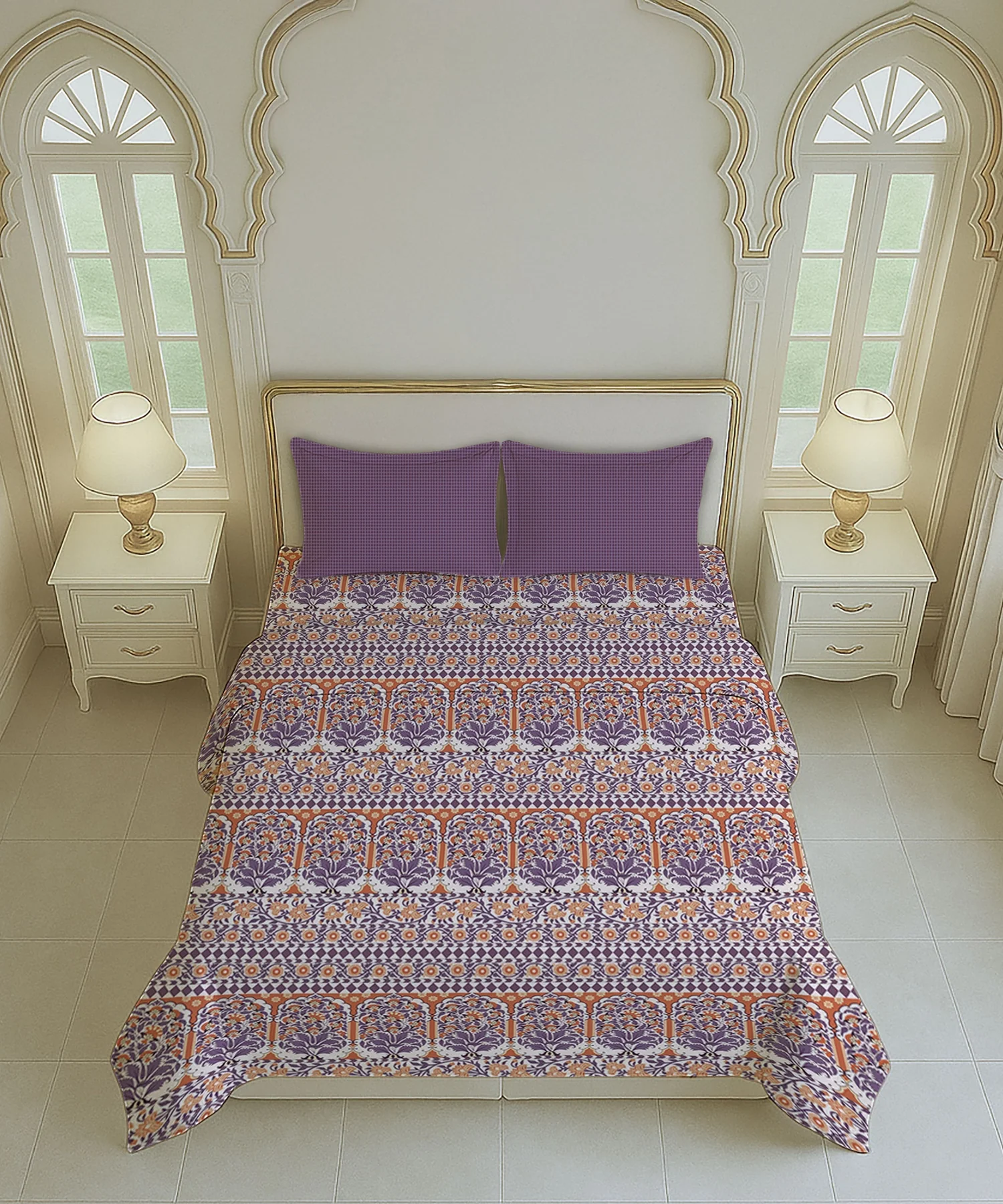 Home Essential Royal Bloom Queen Bedsheet Set, Rosario Purple| 144TC Cotton| 2 Pillow Covers - Image 5