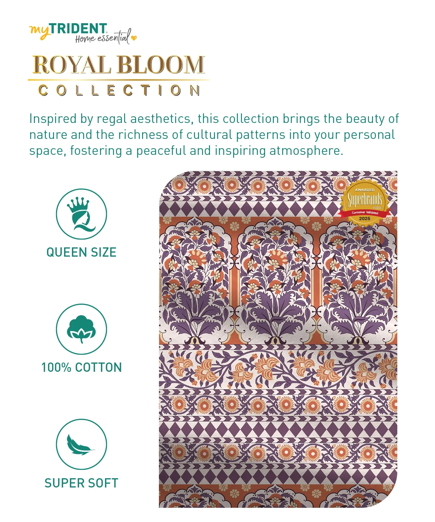 Home Essential Royal Bloom Queen Bedsheet Set, Rosario Purple| 144TC Cotton| 2 Pillow Covers - Image 8