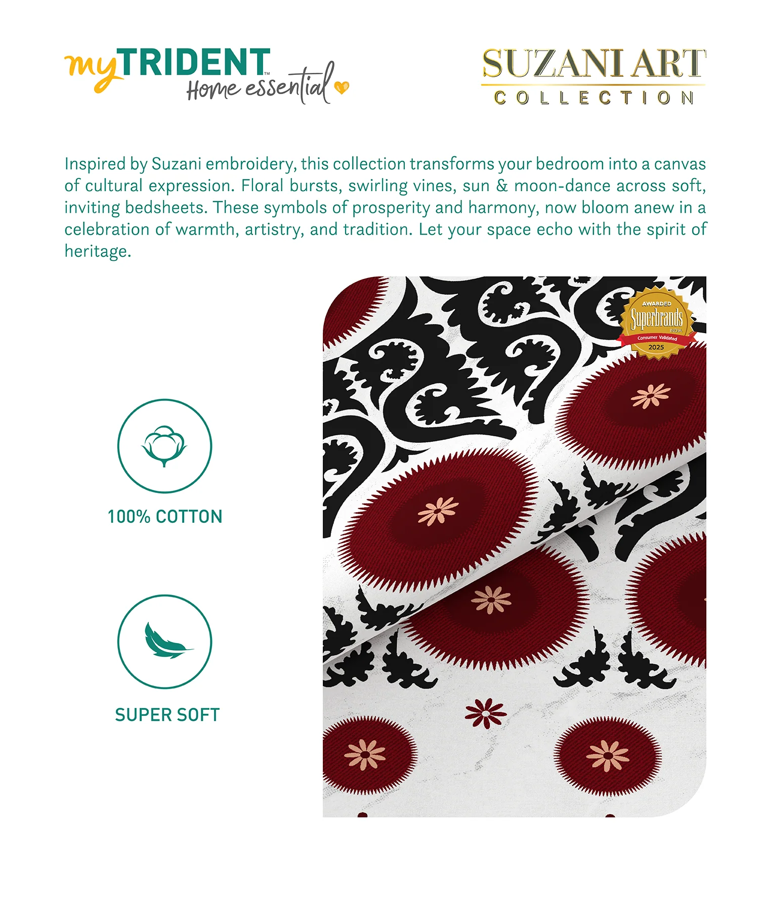 Home Essential Suzani Bedding Set, Chaand Bagh|144 TC Cotton| 4 Pc Set - Image 6