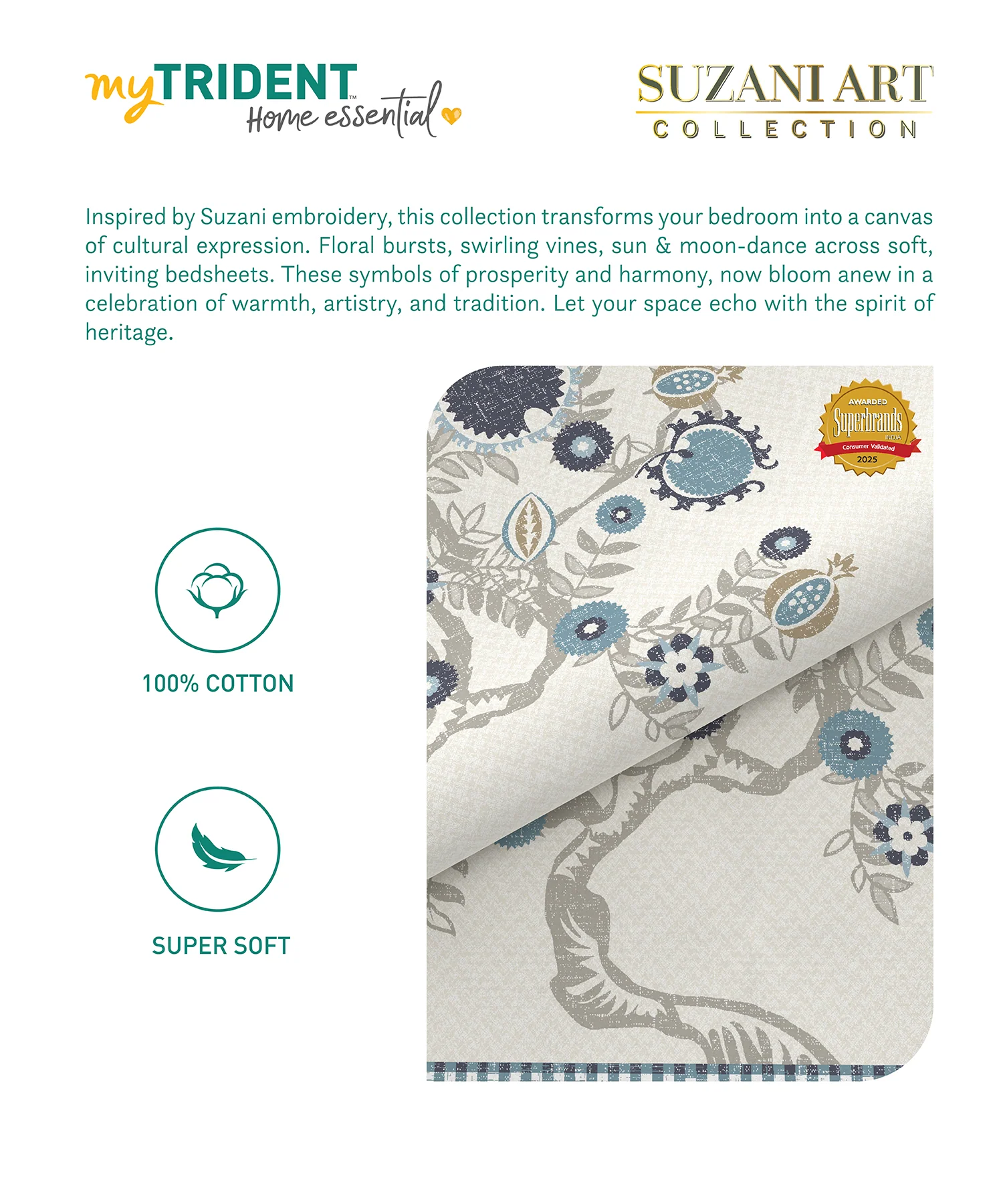 Home Essential Suzani King Bedsheet, Resham Raag|144TC Cotton| 2 Pillow Covers - Image 6