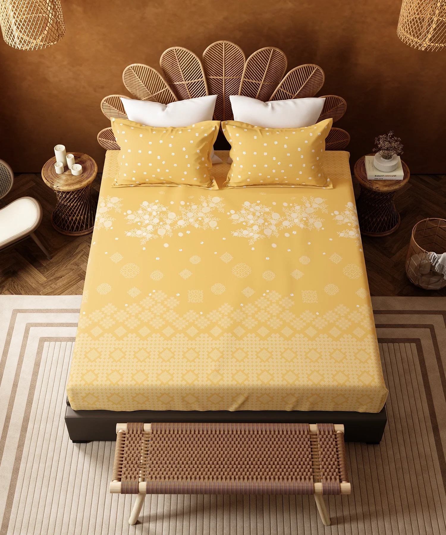 Home Essentials Namaste Bharat Bedding Set, Kolam Streets Yellow | 144 TC Cotton|4 Pc Set - Image 4