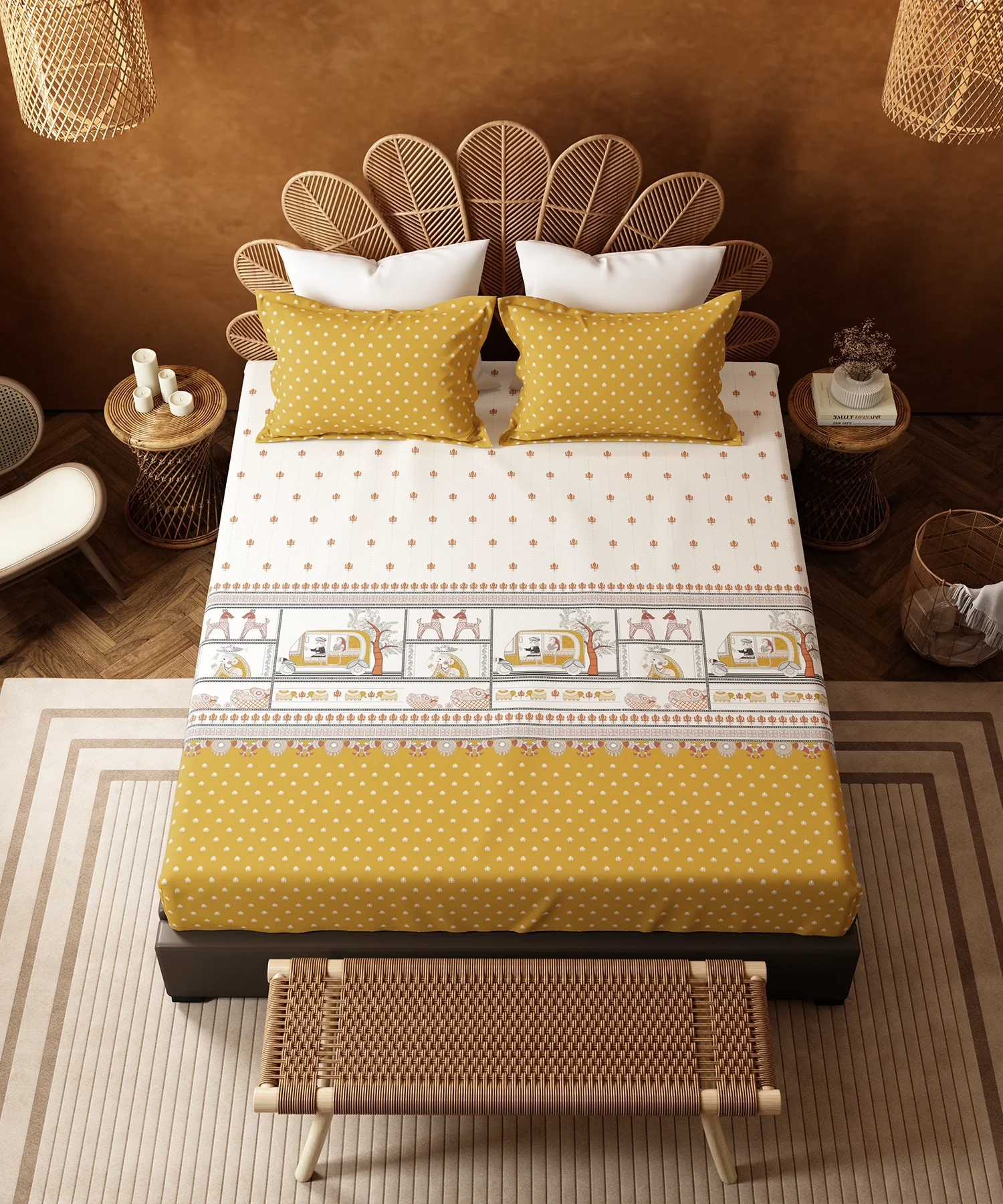 Home Essentials Namaste Bharat Bedding Set, Shor Gul Yellow | 144 TC Cotton|4 Pc Set - Image 4