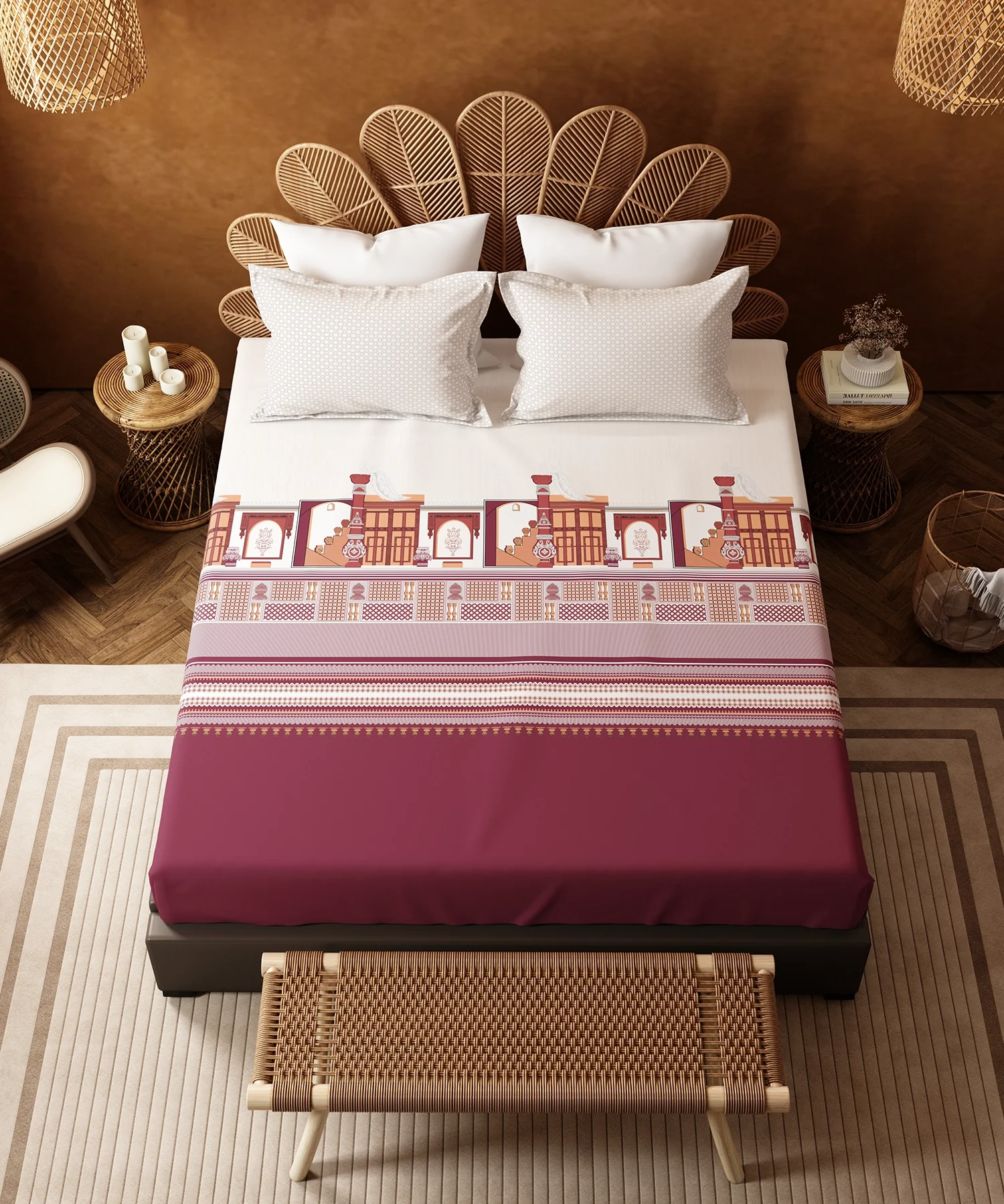 Home Essentials Namaste Bharat Fitted Bedsheet Set, Gharonda Terracotta| 144 TC Cotton| 2 Pillow Covers - Image 2