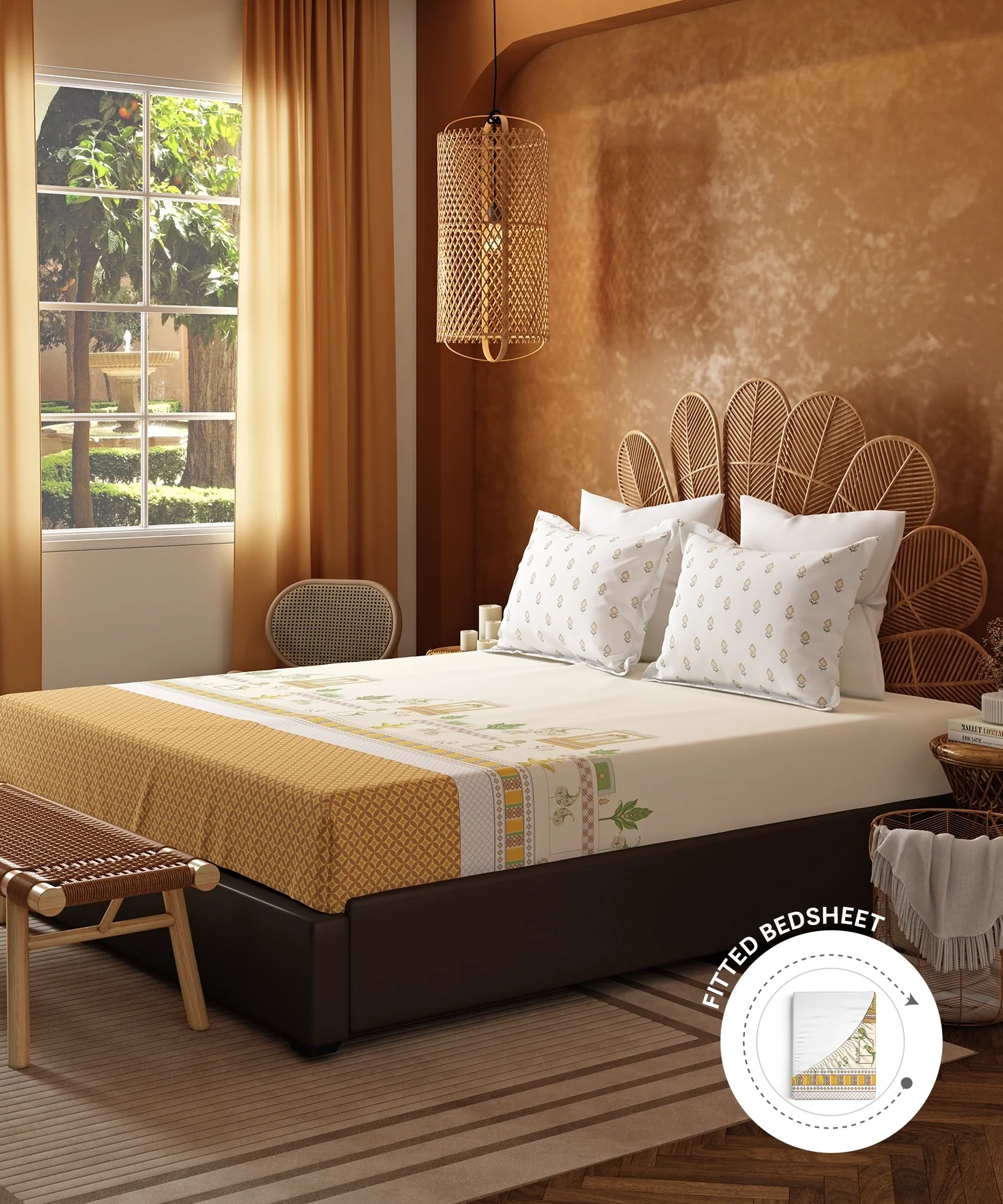 Home Essentials Namaste Bharat Fitted Bedsheet Set, Vatsalya Orche|144 TC Cotton| 2 Pillow Covers