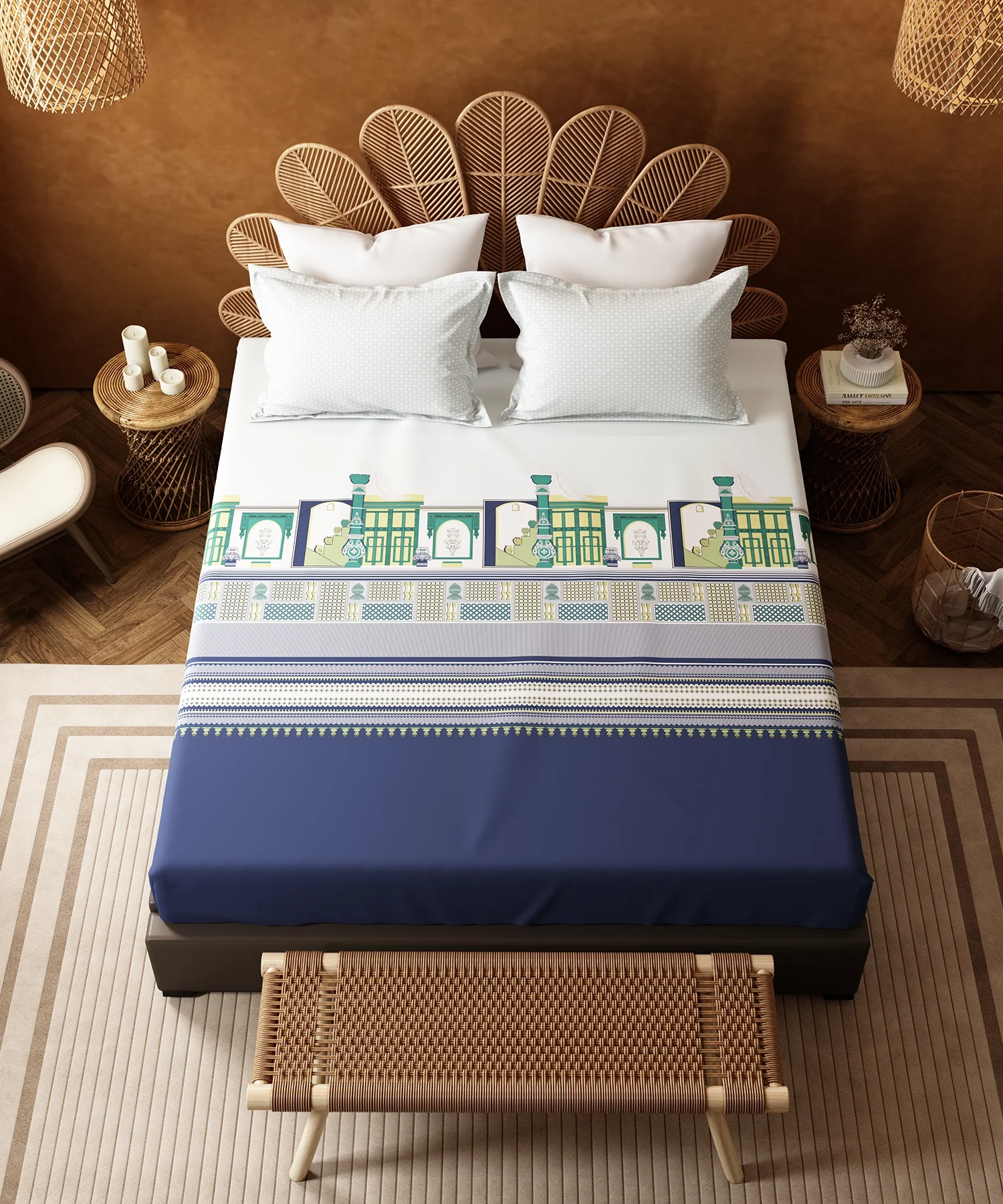 Home Essentials Namaste Bharat King Bedsheet Set, Gharonda Turquoise|144 TC Cotton| 2 Pillow Covers - Image 4