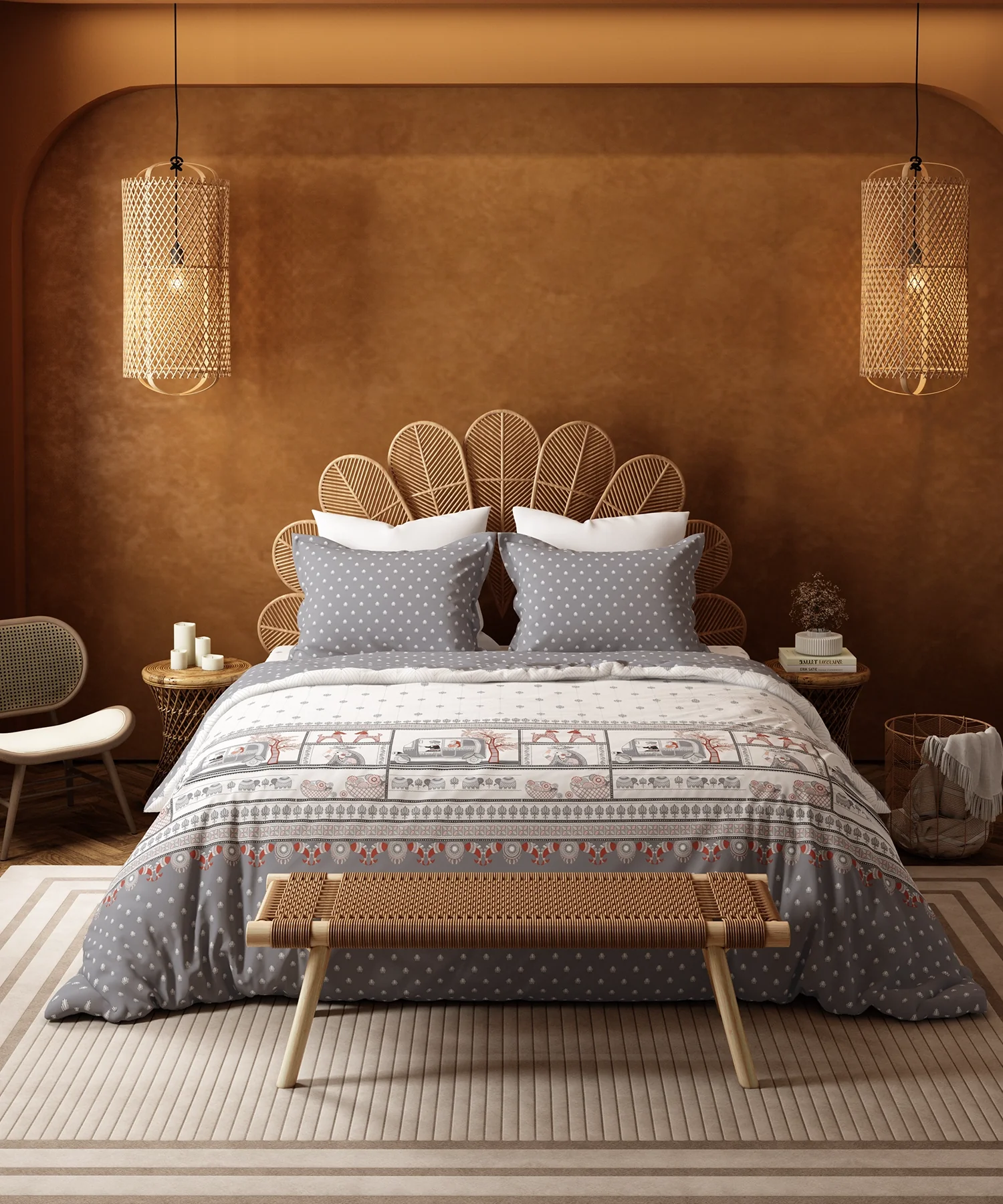 Home Essentials Namaste Bharat King Bedsheet Set, Shor Gul Grey|144 TC Cotton| 2 Pillow Covers - Image 2