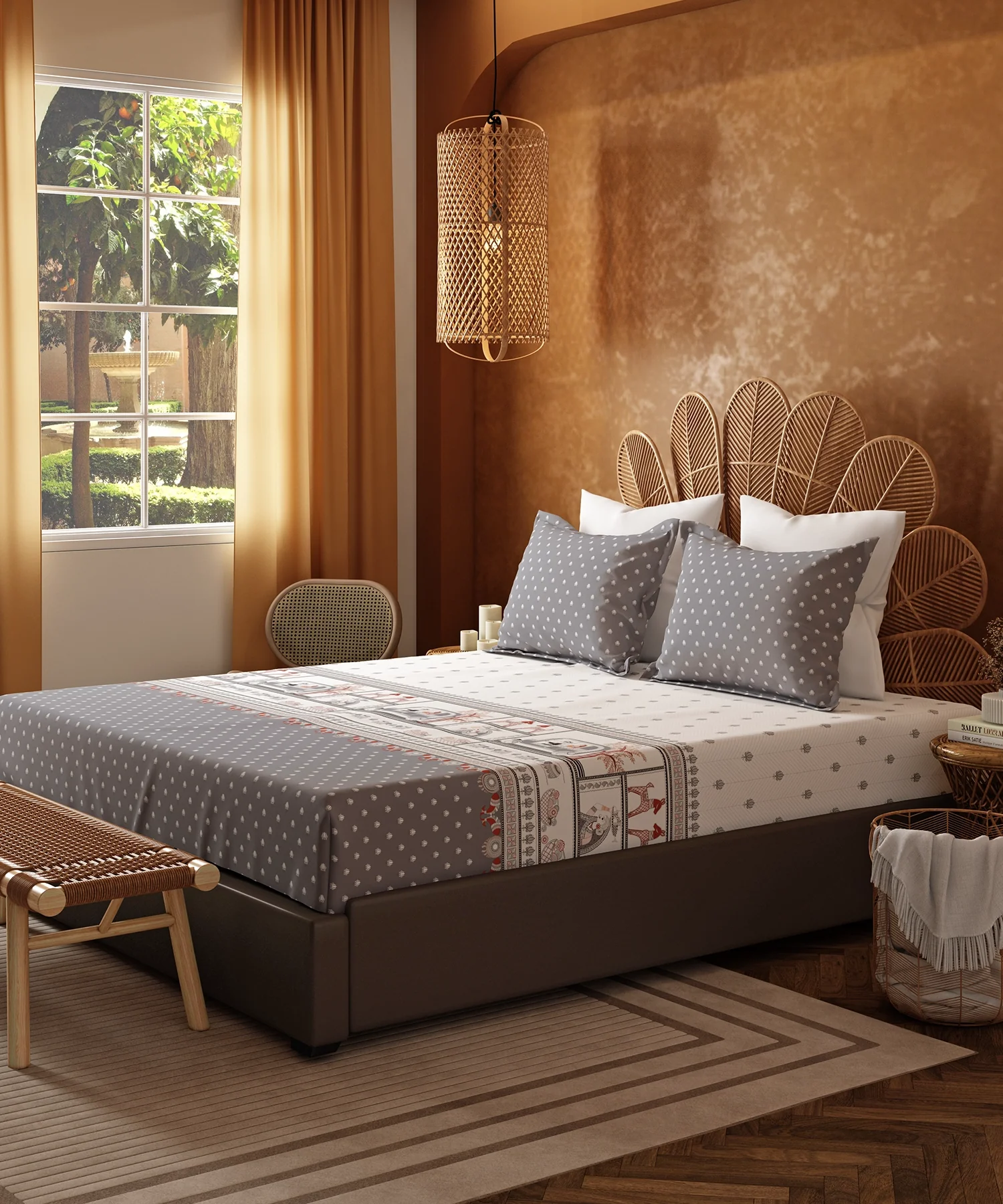 Home Essentials Namaste Bharat King Bedsheet Set, Shor Gul Grey|144 TC Cotton| 2 Pillow Covers - Image 3