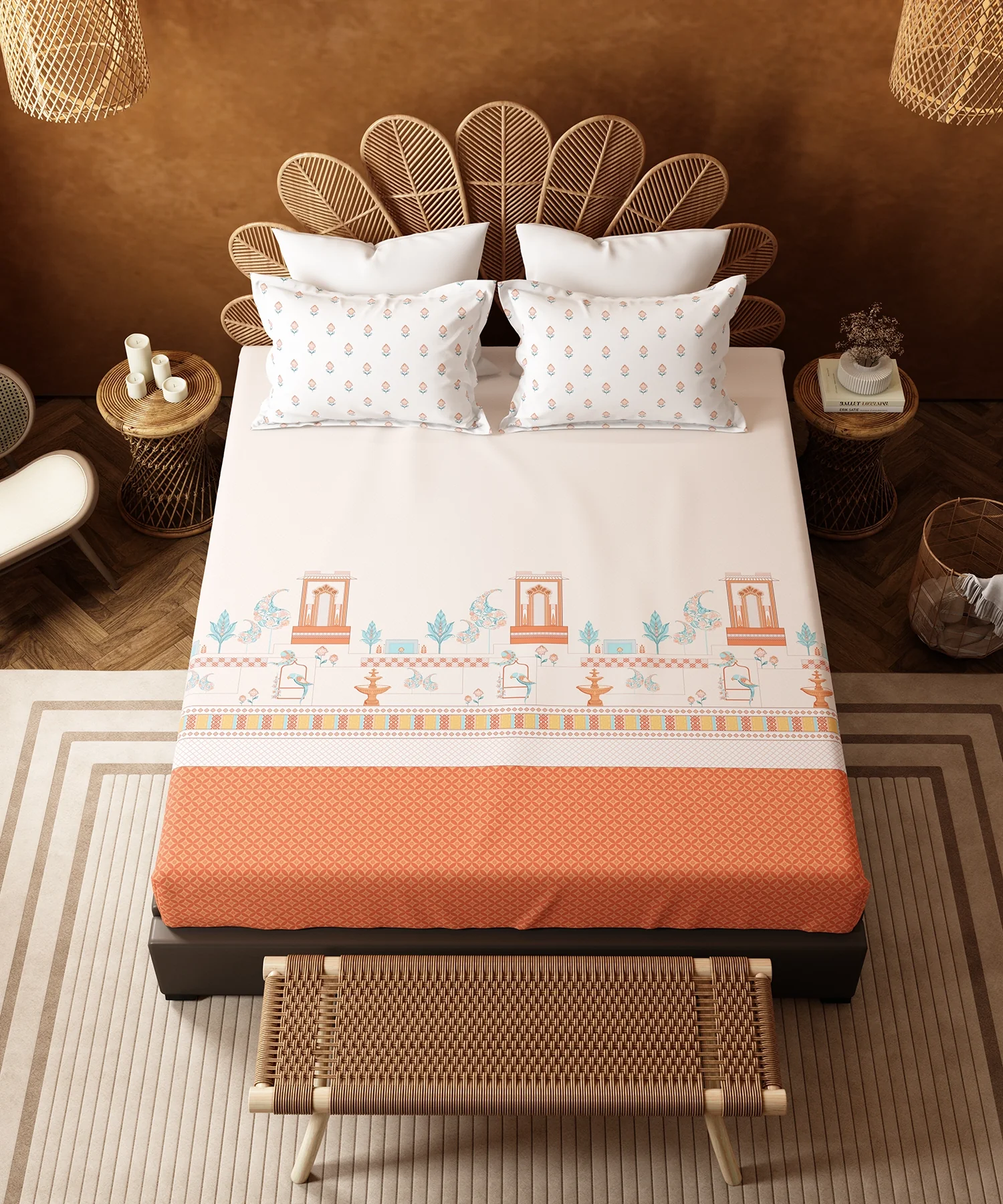 Home Essentials Namaste Bharat King Bedsheet Set, Vatsalya Orange|144 TC Cotton| 2 Pillow Covers - Image 4