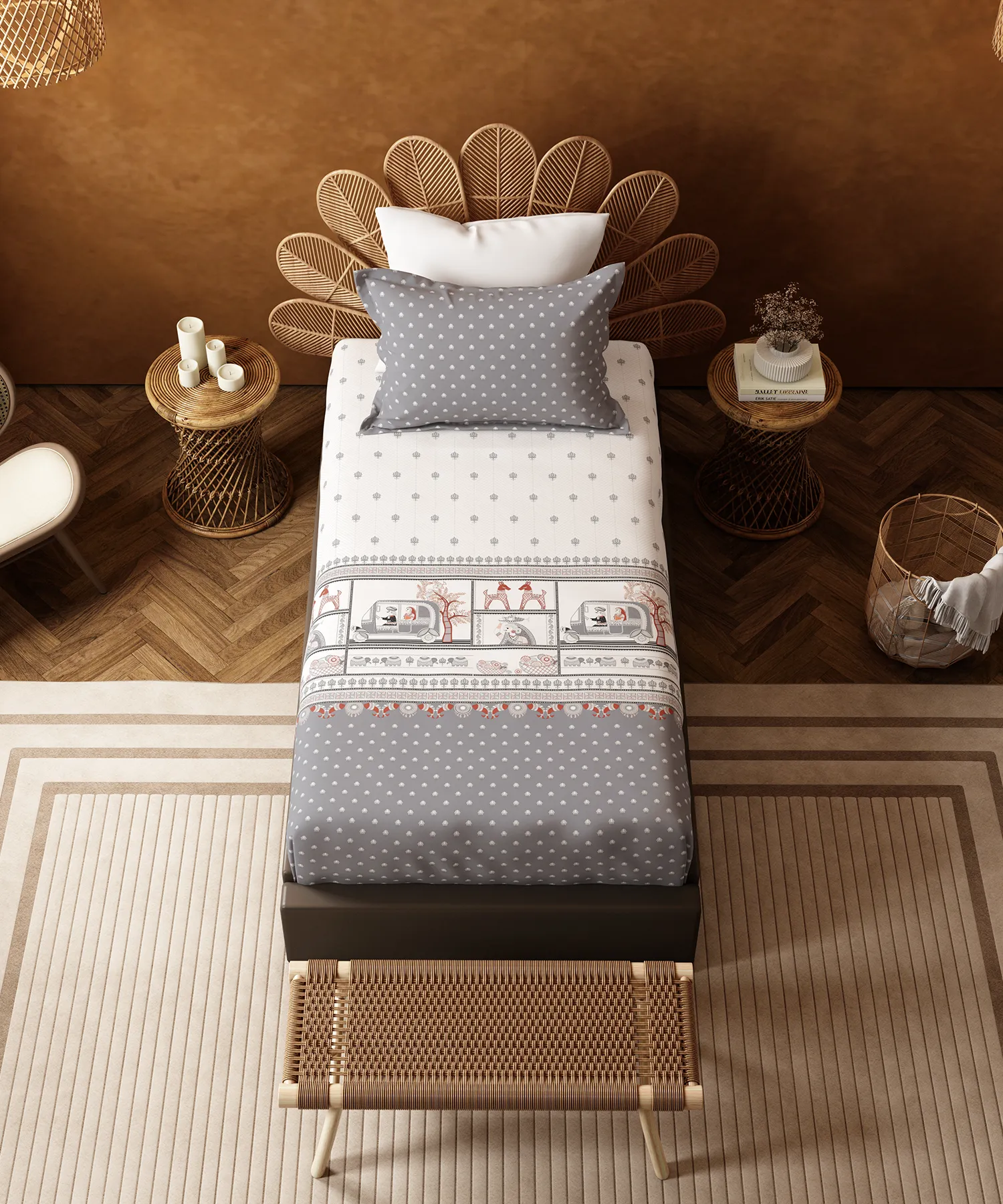 Home Essentials Namaste Bharat Single Bedsheet Set, Shor Gul Grey| 144 TC Cotton| 1 Pillow Cover - Image 4