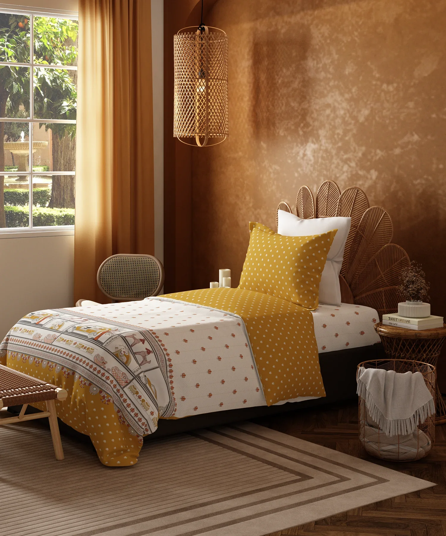 Home Essentials Namaste Bharat Single Bedsheet Set, Shor Gul Yellow| 144 TC Cotton| 1 Pillow Cover