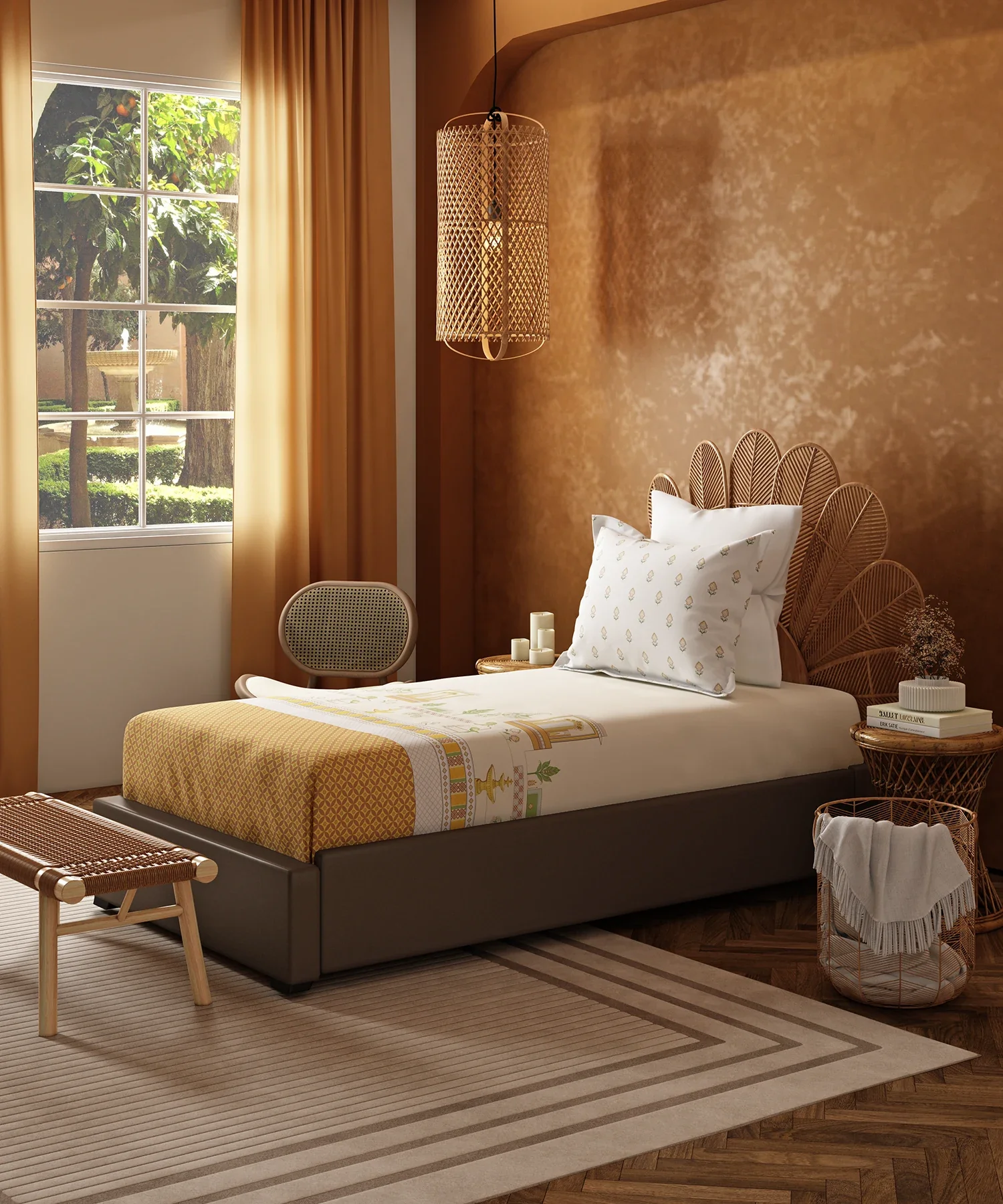Home Essentials Namaste Bharat Single Bedsheet Set, Vatsalya Ochre| 144 TC Cotton| 1 Pillow Cover - Image 3