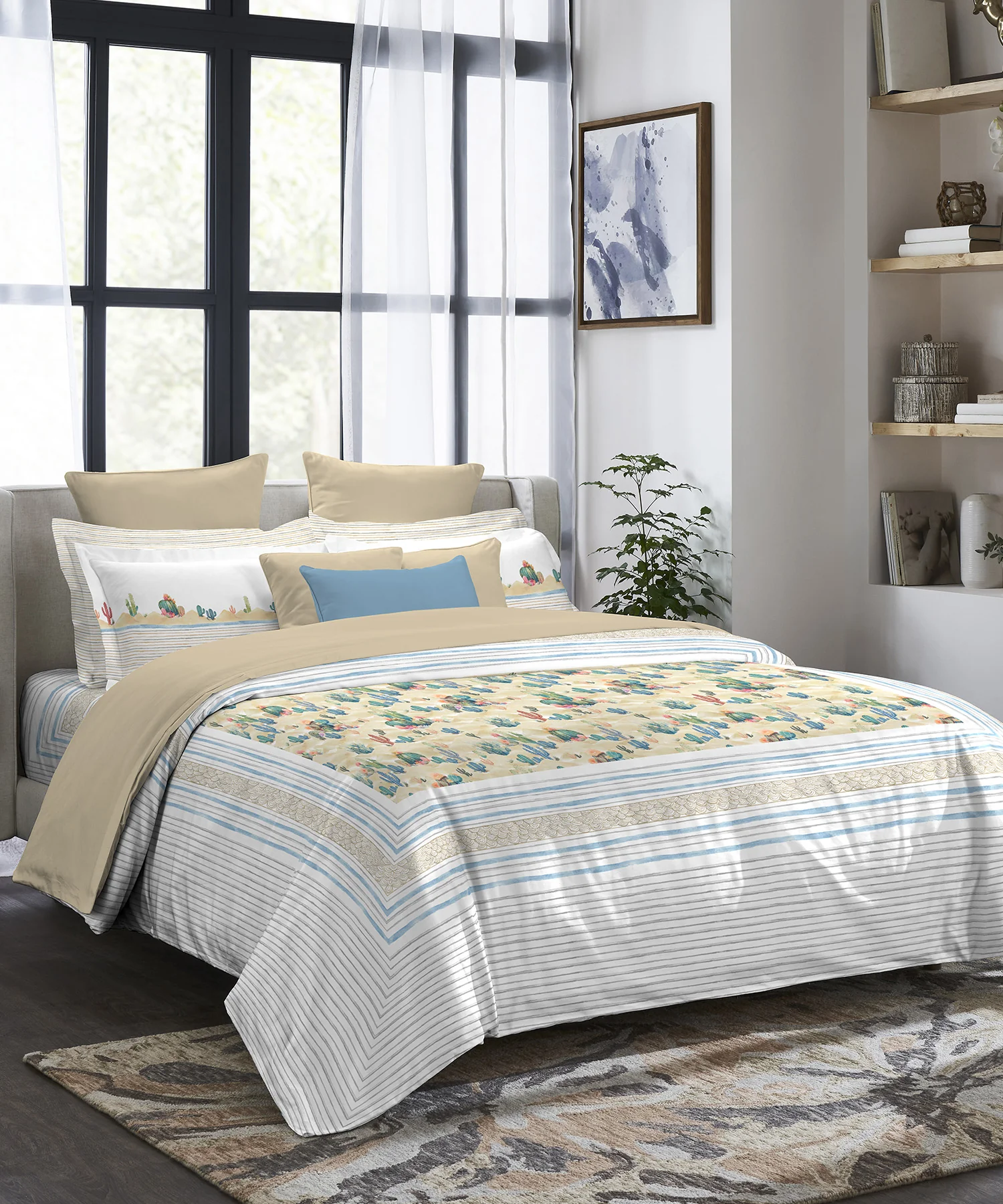 Indulgence Painterly Pattern King Bedsheet Set, Desert Safari|300 TC Cotton| 4 Pillow Covers