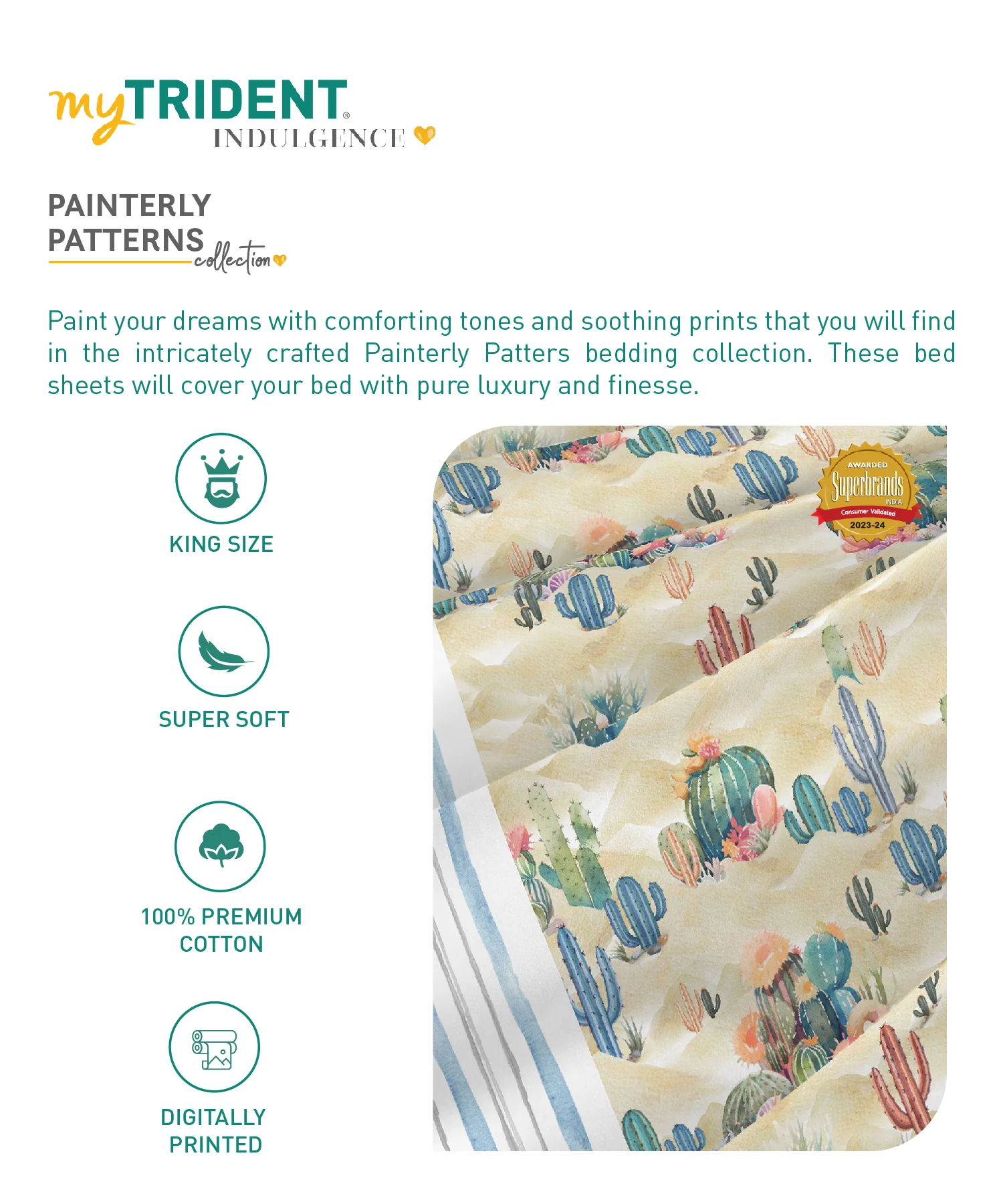 Indulgence Painterly Pattern King Bedsheet Set, Desert Safari|300 TC Cotton| 4 Pillow Covers - Image 6