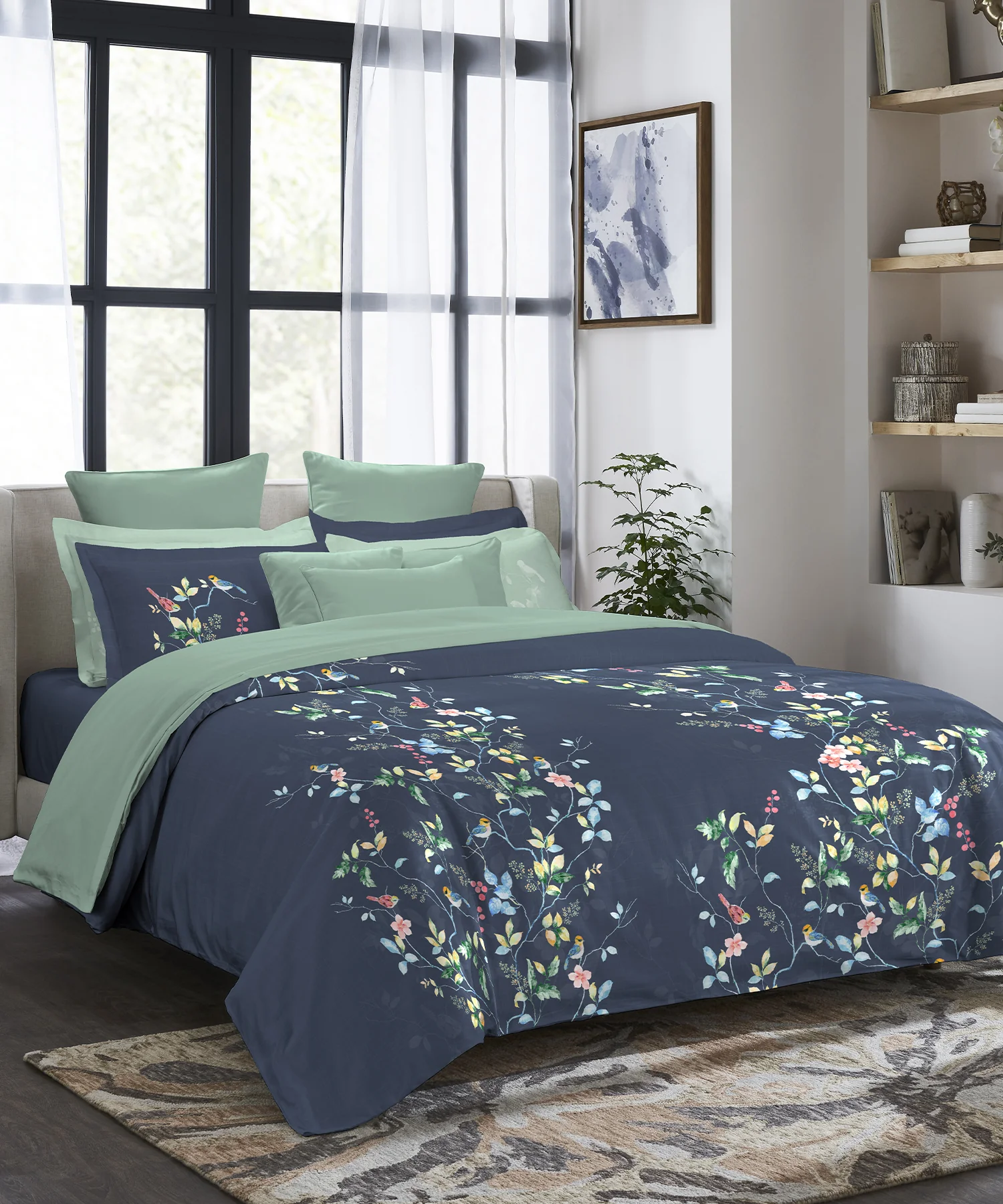 Indulgence Painterly Pattern King Bedsheet Set, Blue Bank|300 TC Cotton| 4 Pillow Covers - Image 2