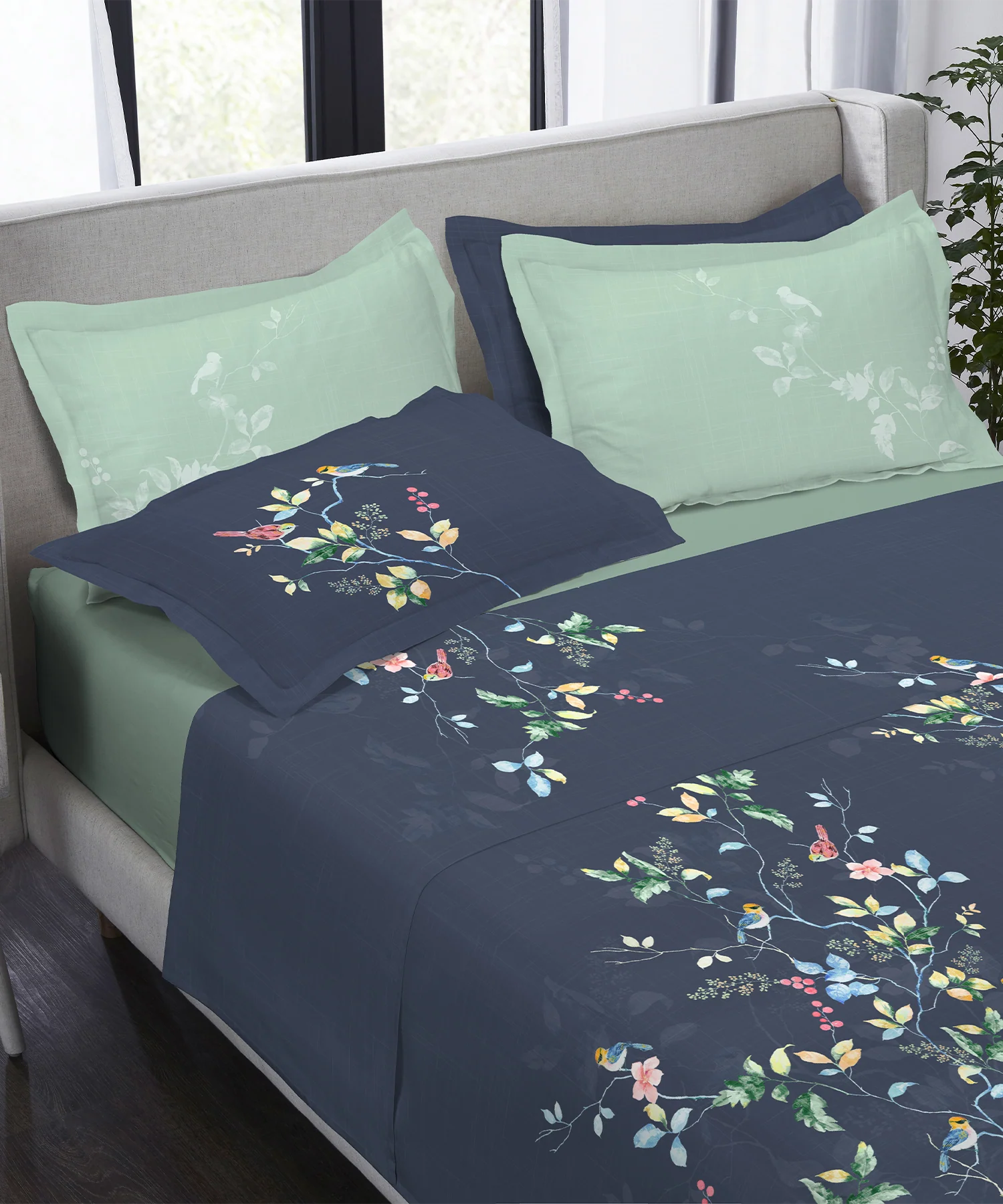 Indulgence Painterly Pattern King Bedsheet Set, Blue Bank|300 TC Cotton| 4 Pillow Covers - Image 3