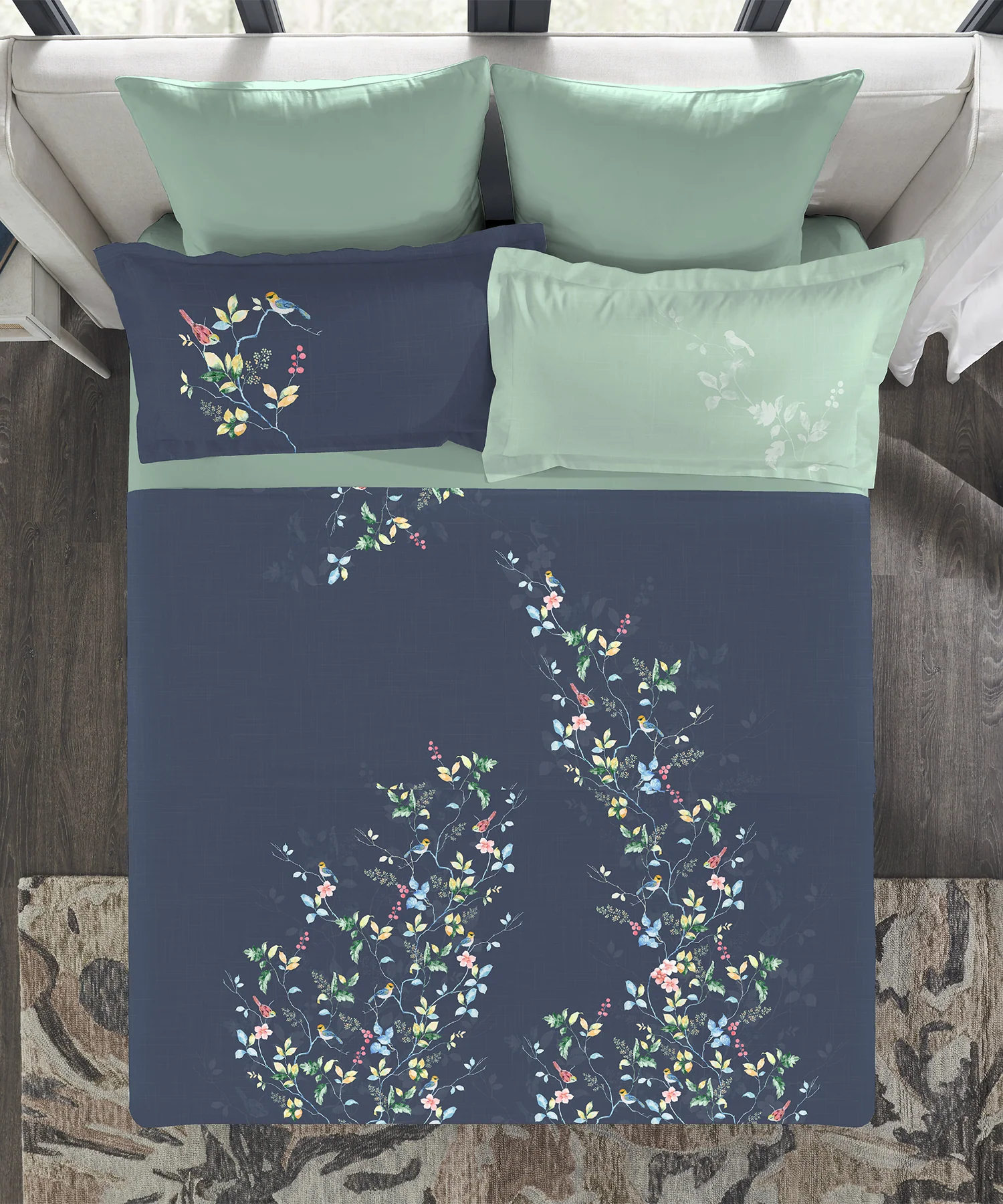 Indulgence Painterly Pattern King Bedsheet Set, Blue Bank|300 TC Cotton| 4 Pillow Covers - Image 4
