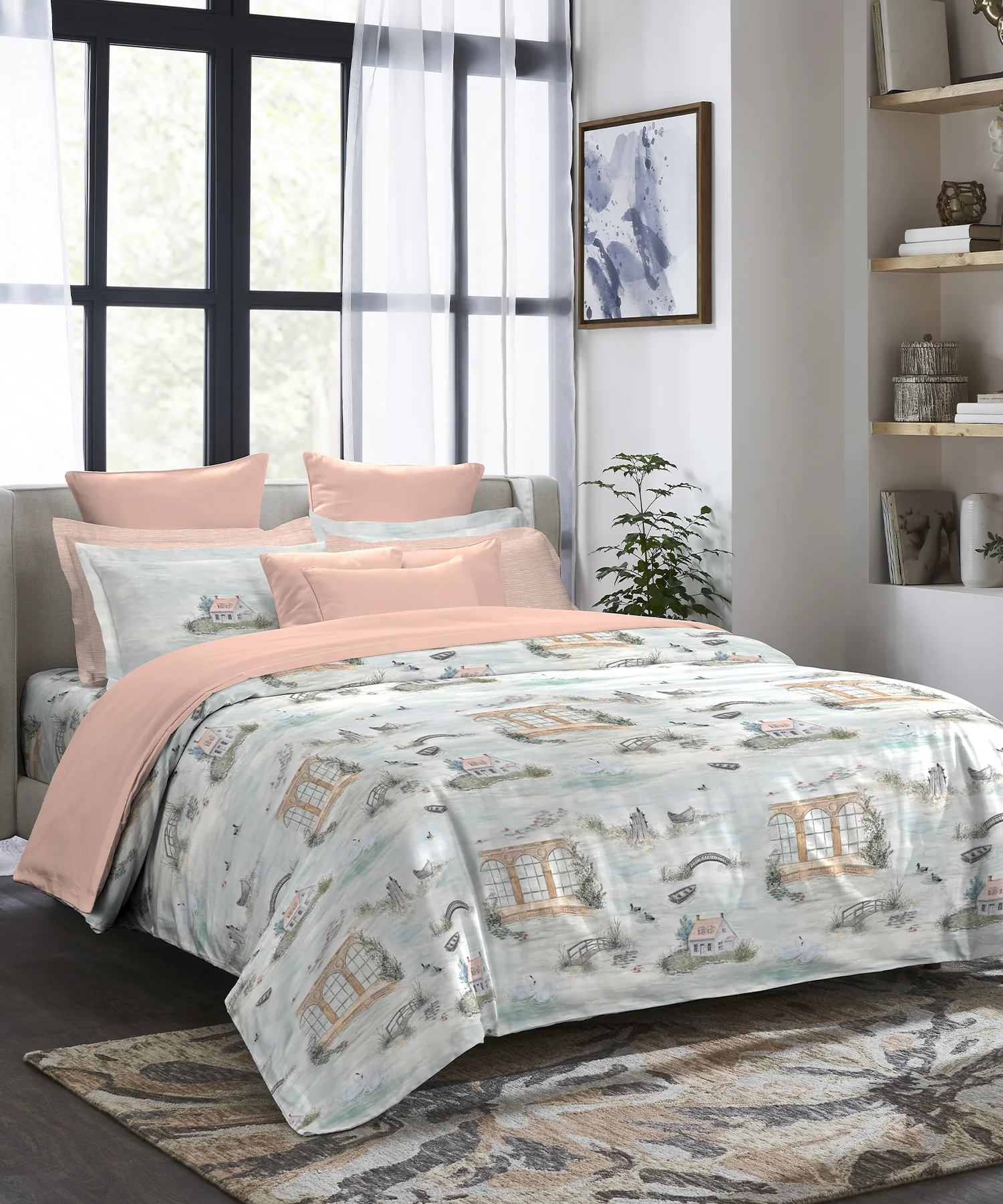 Indulgence Painterly Pattern King Bedsheet Set, The Quiet River|300 TC Cotton| 4 Pillow Covers - Image 2