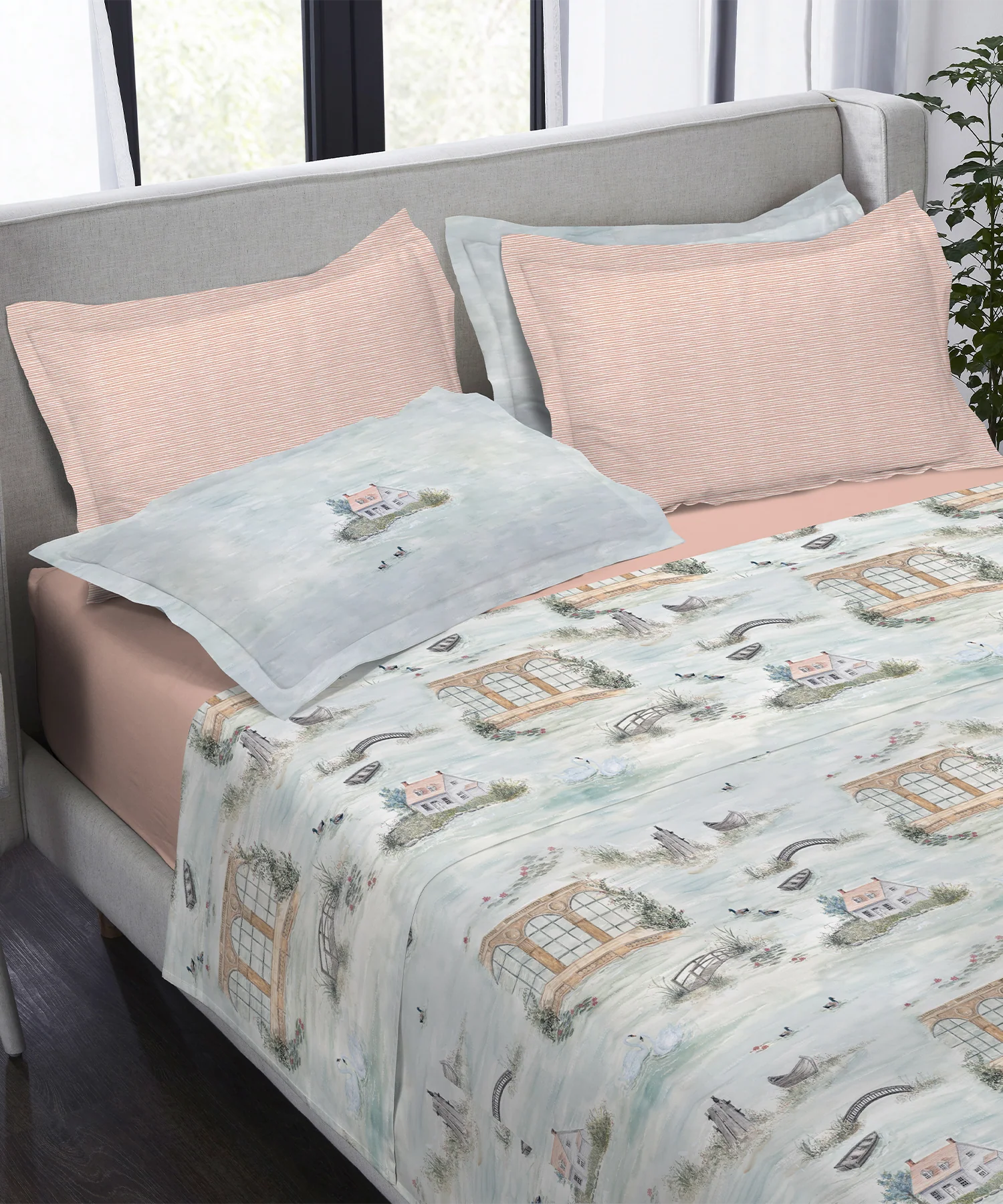 Indulgence Painterly Pattern King Bedsheet Set, The Quiet River|300 TC Cotton| 4 Pillow Covers - Image 3