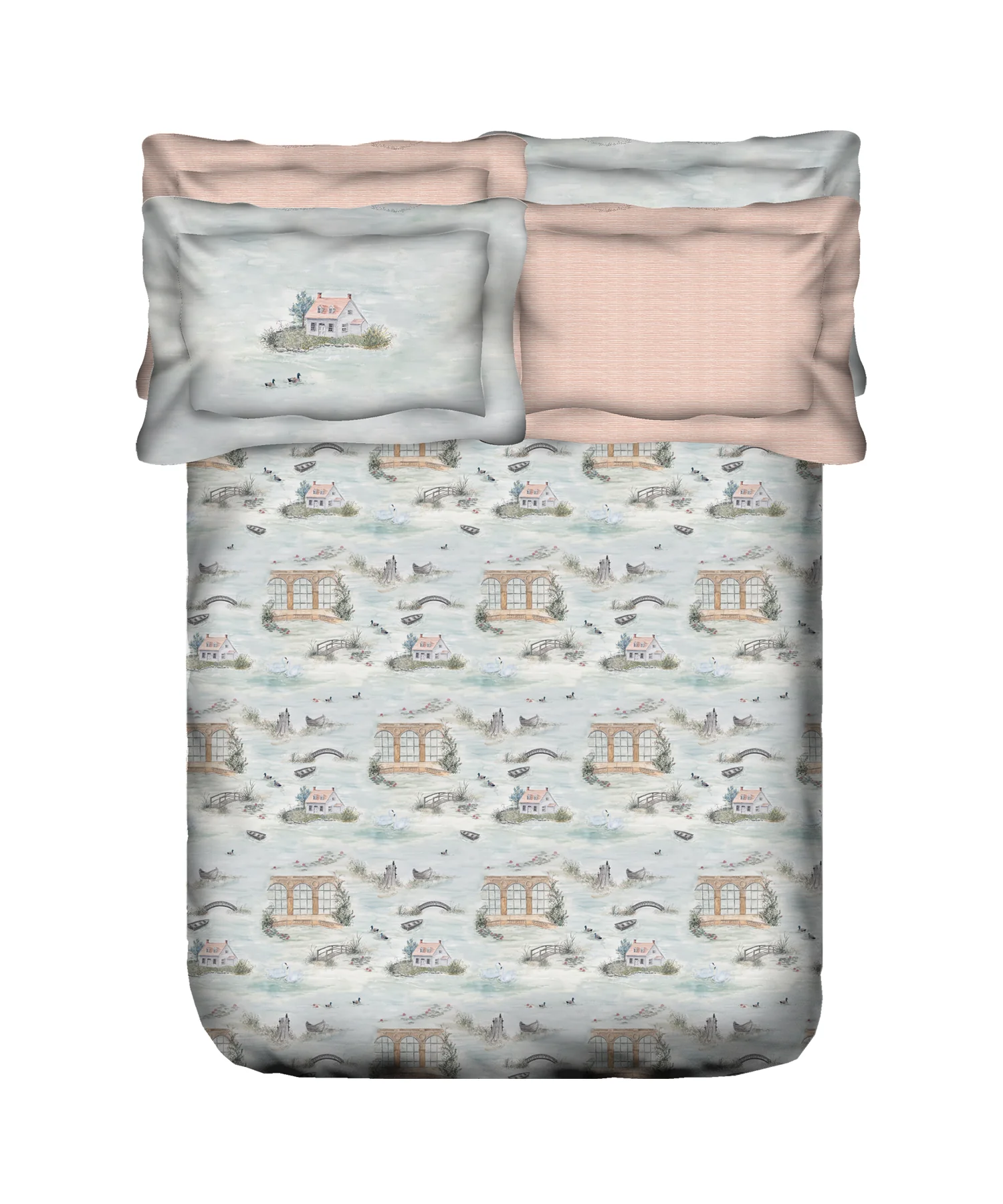 Indulgence Painterly Pattern King Bedsheet Set, The Quiet River|300 TC Cotton| 4 Pillow Covers - Image 4