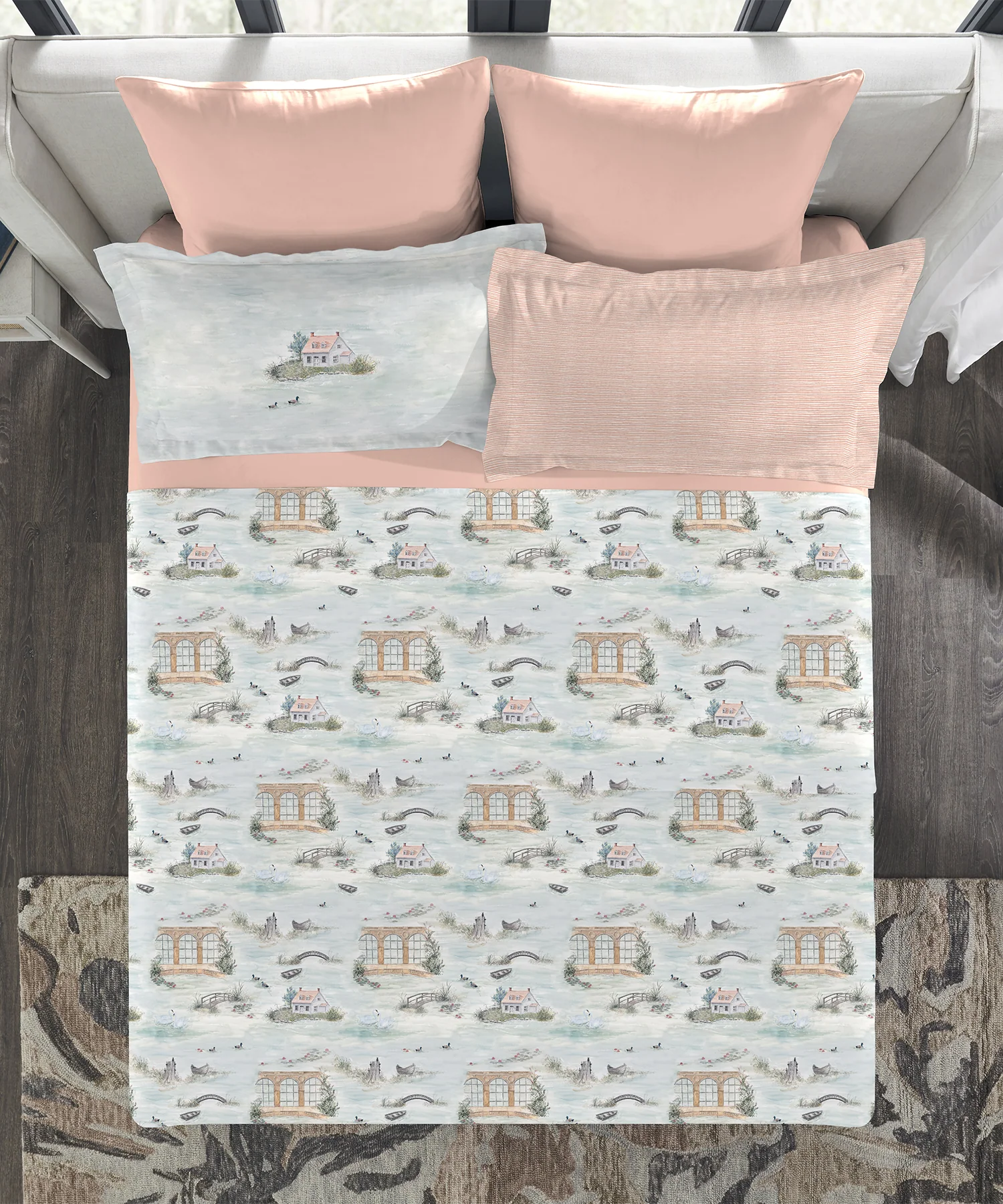 Indulgence Painterly Pattern King Bedsheet Set, The Quiet River|300 TC Cotton| 4 Pillow Covers - Image 6
