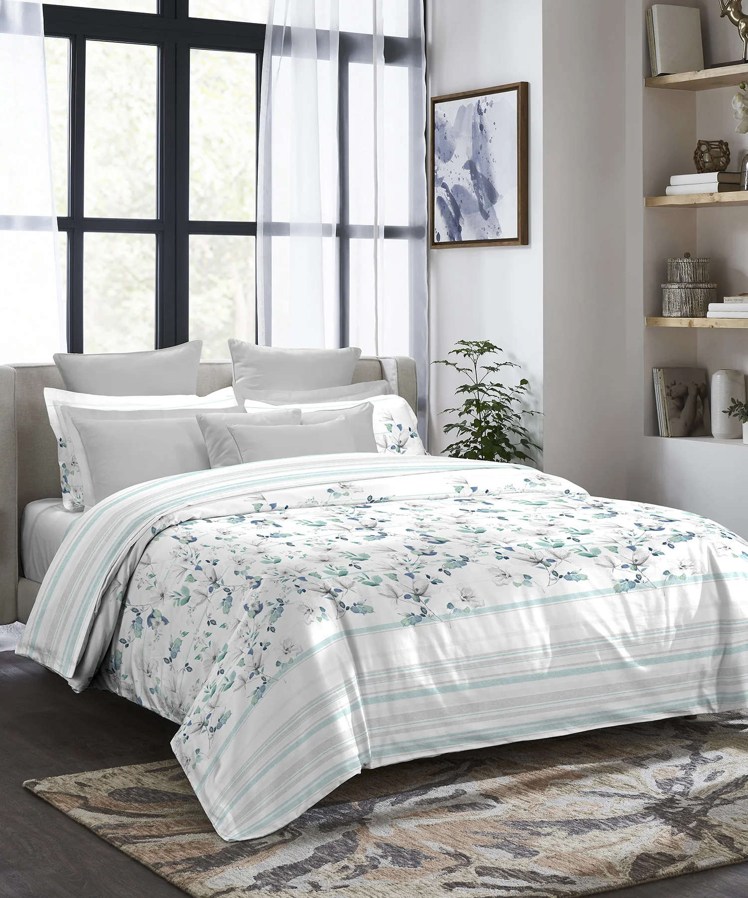 Indulgence King Bedsheet Set, Camellia Marine|300 TC Cotton|4 Pillow Covers - Image 2