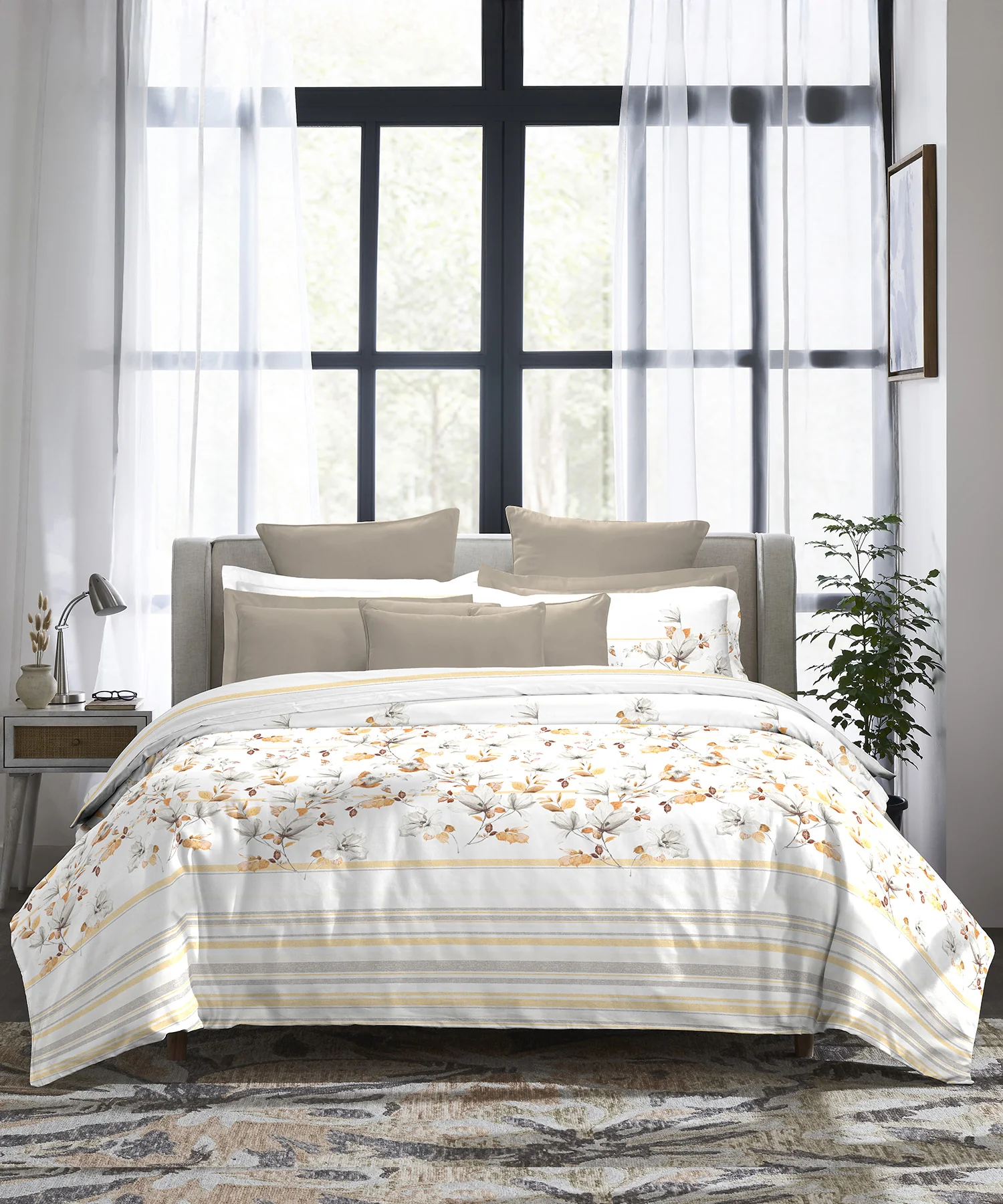 Indulgence King Bedsheet Set, Camellia Ochre|300 TC Cotton|4 Pillow Covers