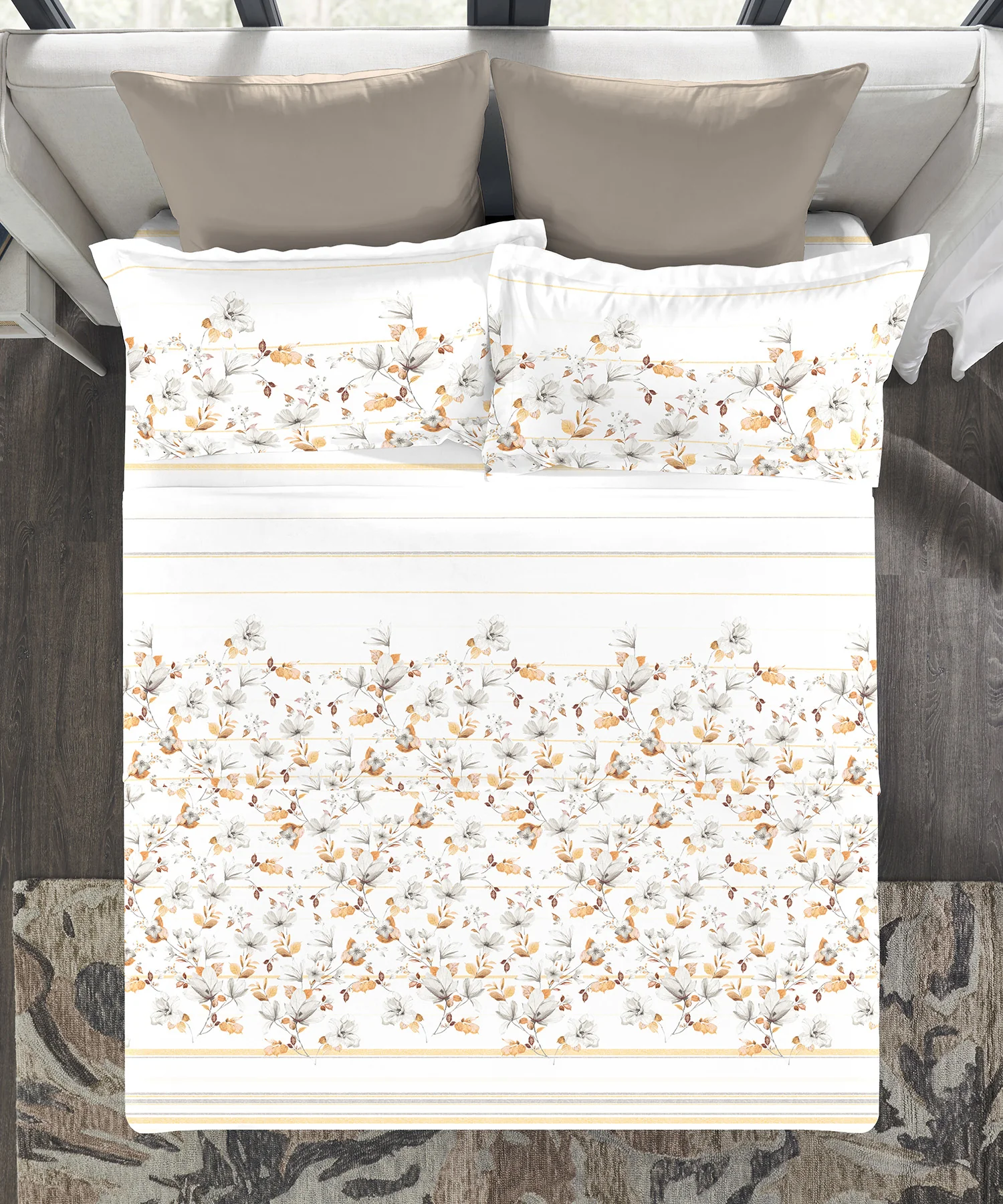 Indulgence King Bedsheet Set, Camellia Ochre|300 TC Cotton|4 Pillow Covers - Image 4