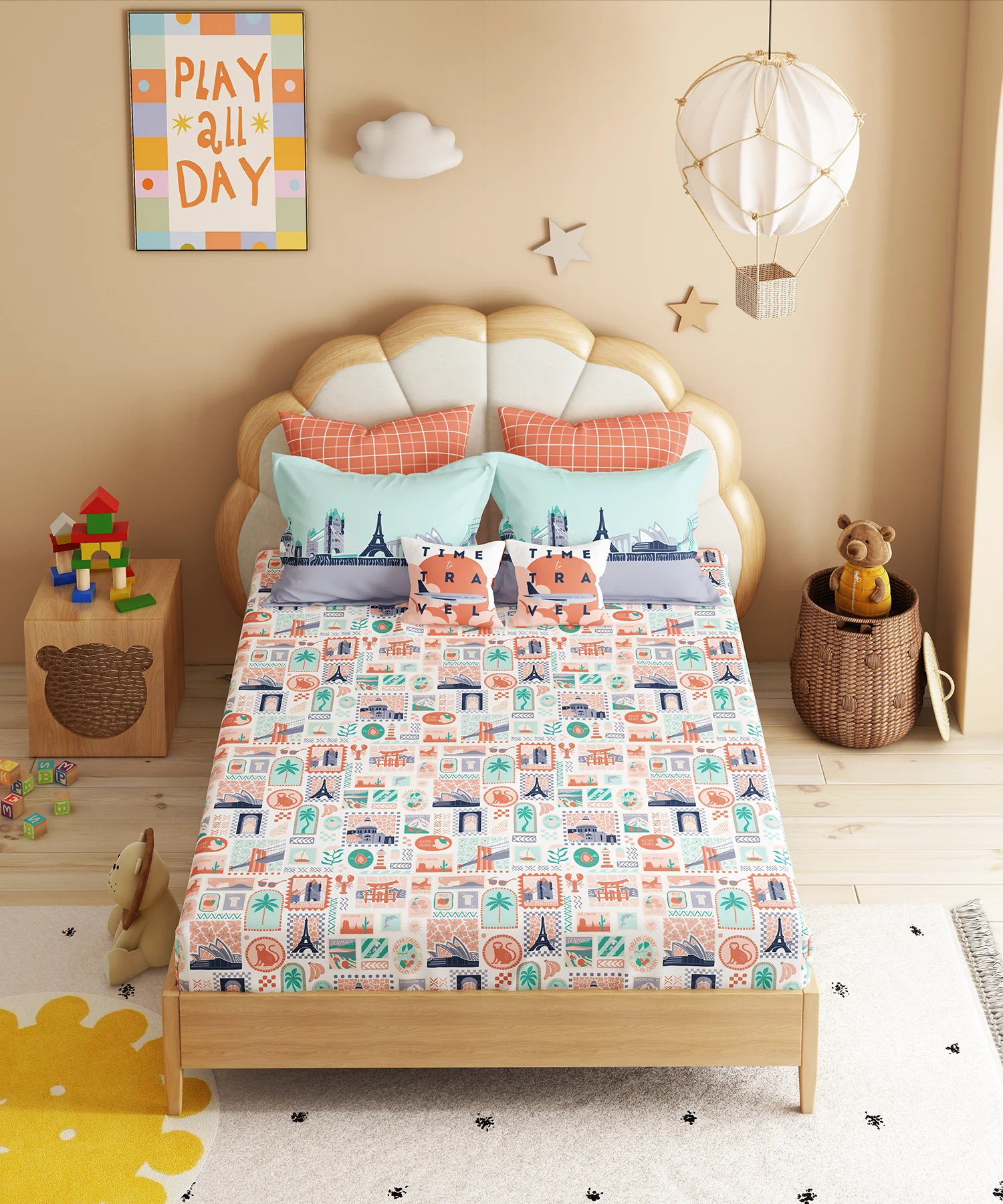 Juniors Double Bedsheet Set, Wander ways| 144TC Cotton|2 Pillow Covers & 2 Cushion Covers - Image 3