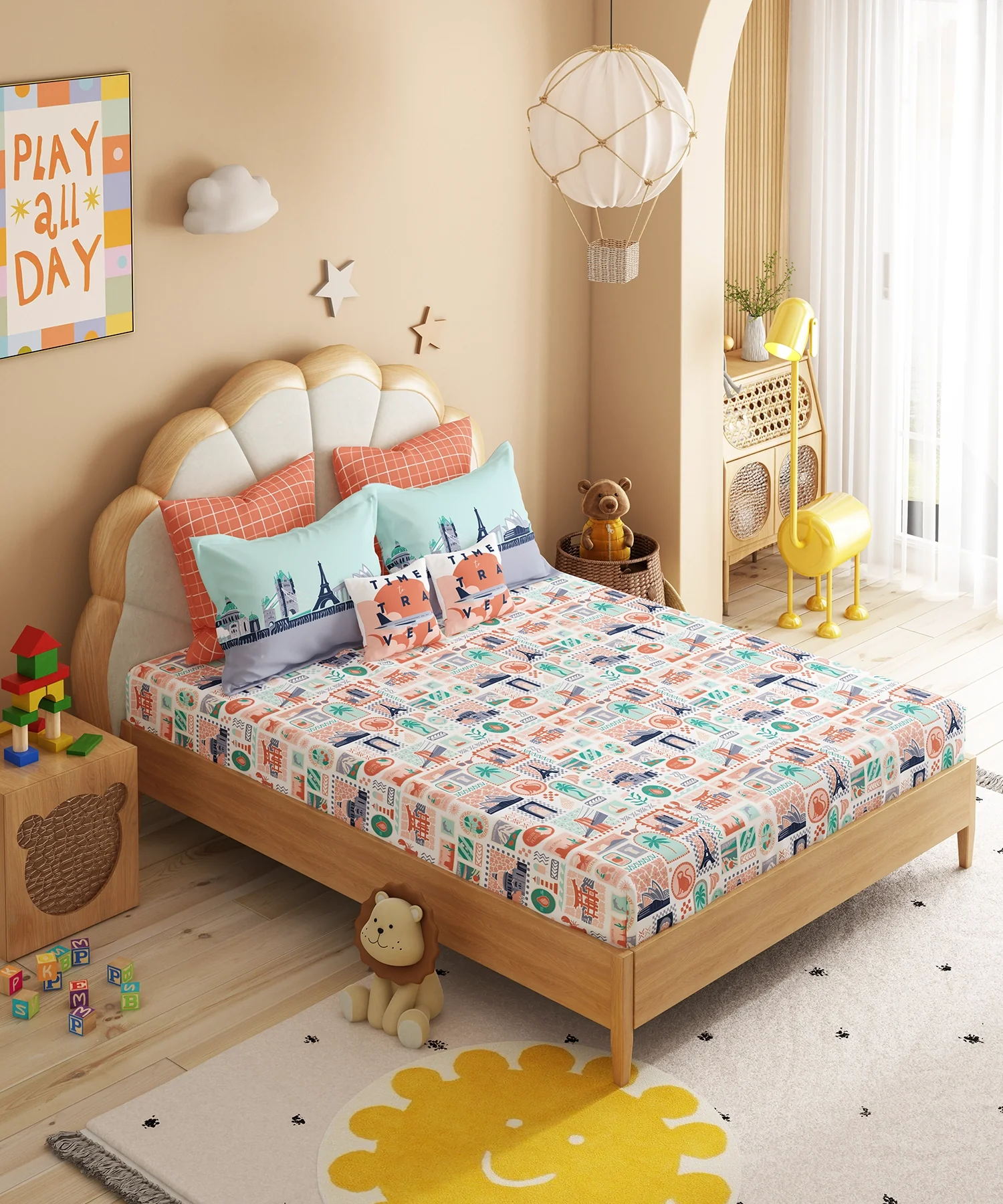 Juniors Double Bedsheet Set, Wander ways| 144TC Cotton|2 Pillow Covers & 2 Cushion Covers - Image 4