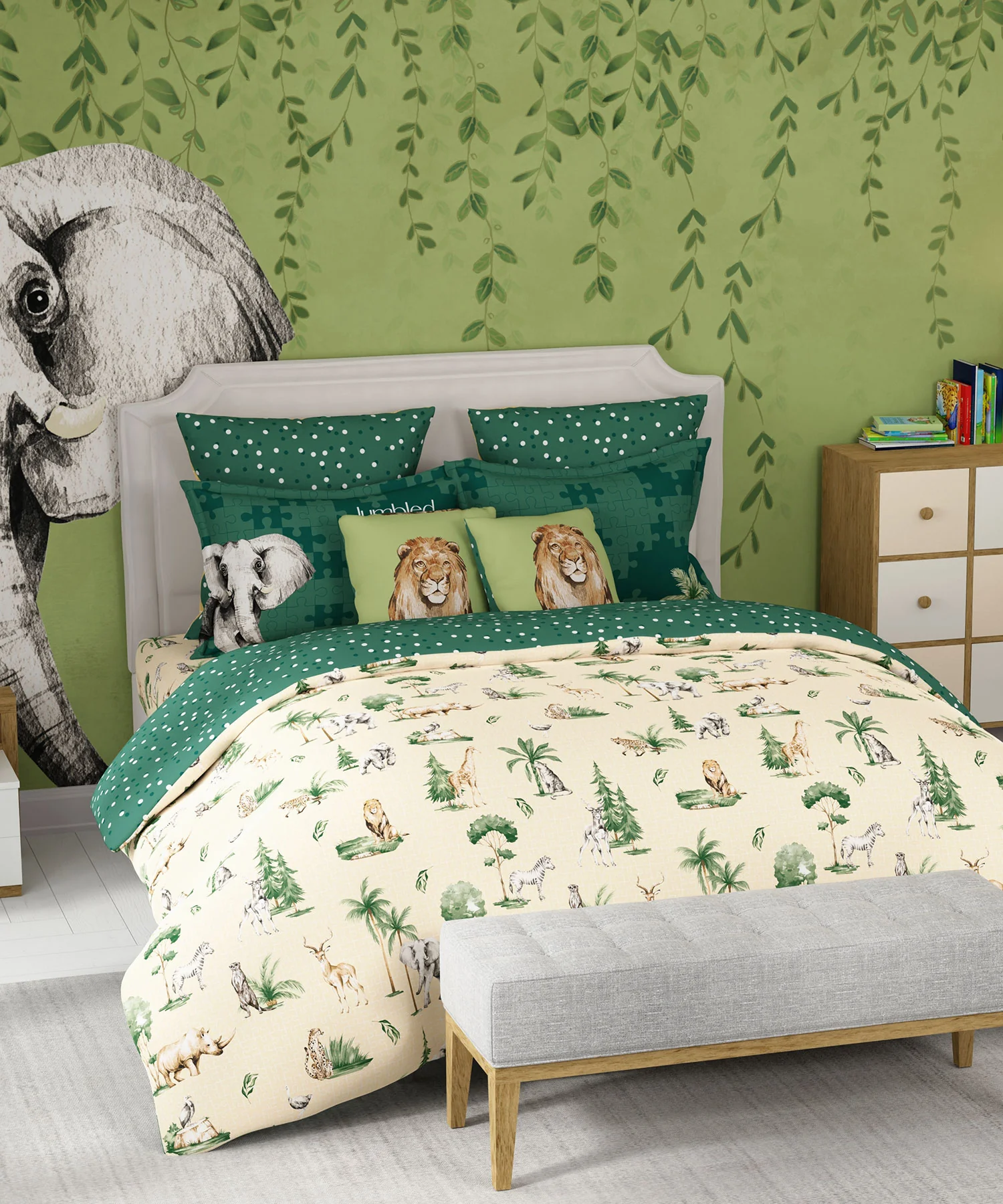 Juniors Double Bedsheet, Jigsaw Jungle| 144TC Cotton|2 Pillow Covers & 2 Cushion Covers - Image 2