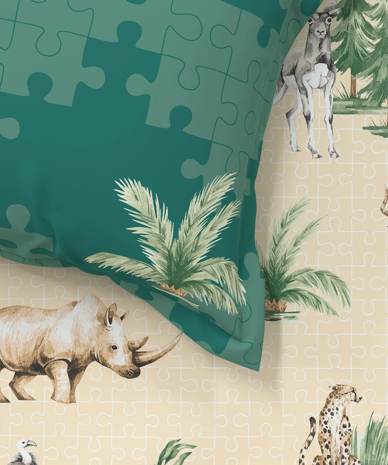 Juniors Double Bedsheet, Jigsaw Jungle| 144TC Cotton|2 Pillow Covers & 2 Cushion Covers - Image 4