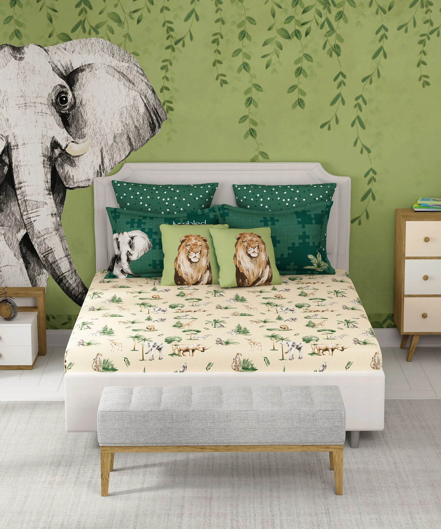 Juniors Double Bedsheet, Jigsaw Jungle| 144TC Cotton|2 Pillow Covers & 2 Cushion Covers - Image 5
