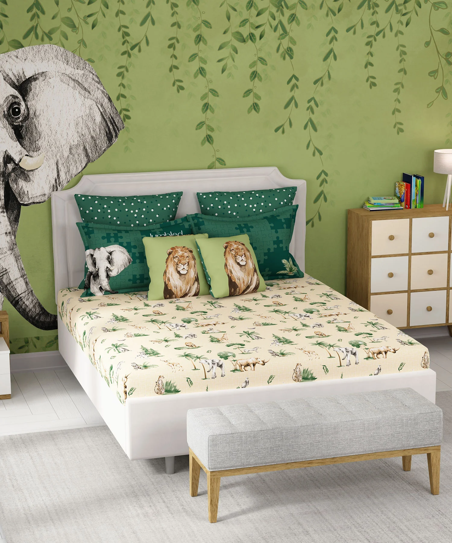 Juniors Double Bedsheet, Jigsaw Jungle| 144TC Cotton|2 Pillow Covers & 2 Cushion Covers - Image 6